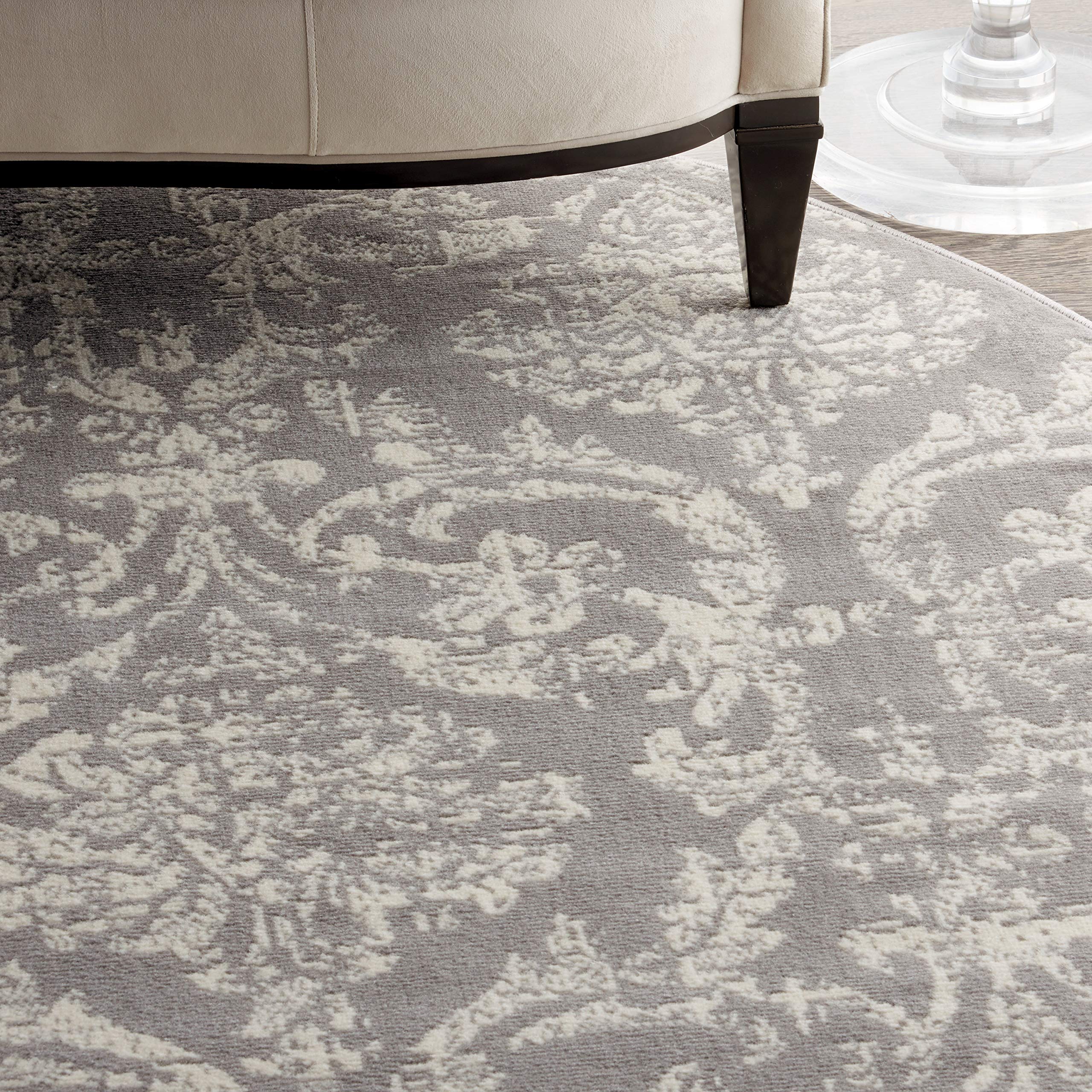Nourison Jubilant Damask Grey 8 x Round Area -Rug, Easy -Cleaning, Non Shedding, Bed Room, Living Room, Dining Room, Kitchen (8