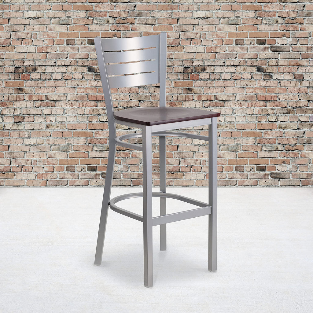 Flash Furniture HERCULES Series Silver Slat Back Metal Restaurant Barstool - Mahogany Wood Seat