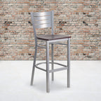 Flash Furniture HERCULES Series Silver Slat Back Metal Restaurant Barstool - Mahogany Wood Seat