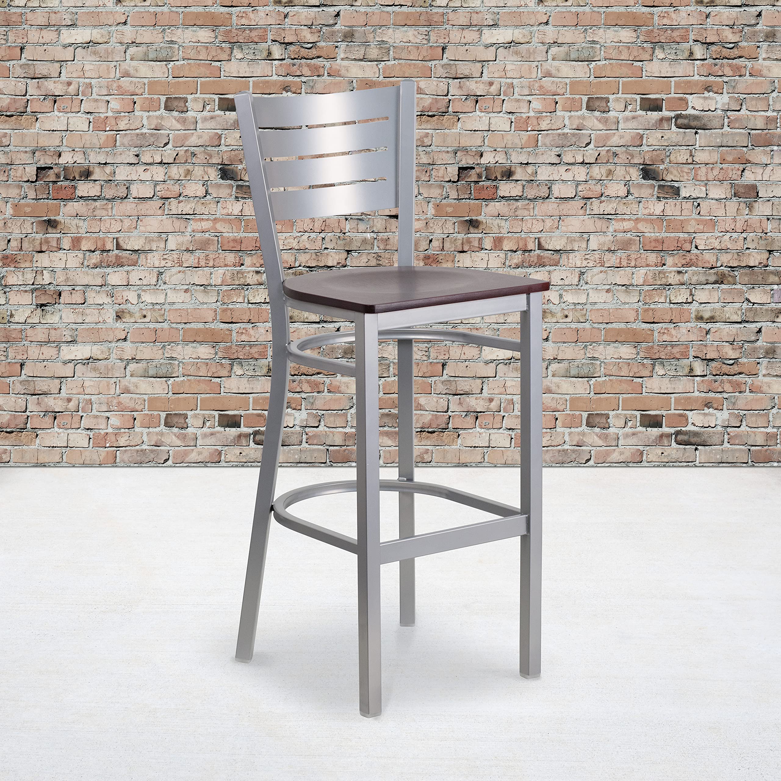 Flash Furniture HERCULES Series Silver Slat Back Metal Restaurant Barstool - Mahogany Wood Seat