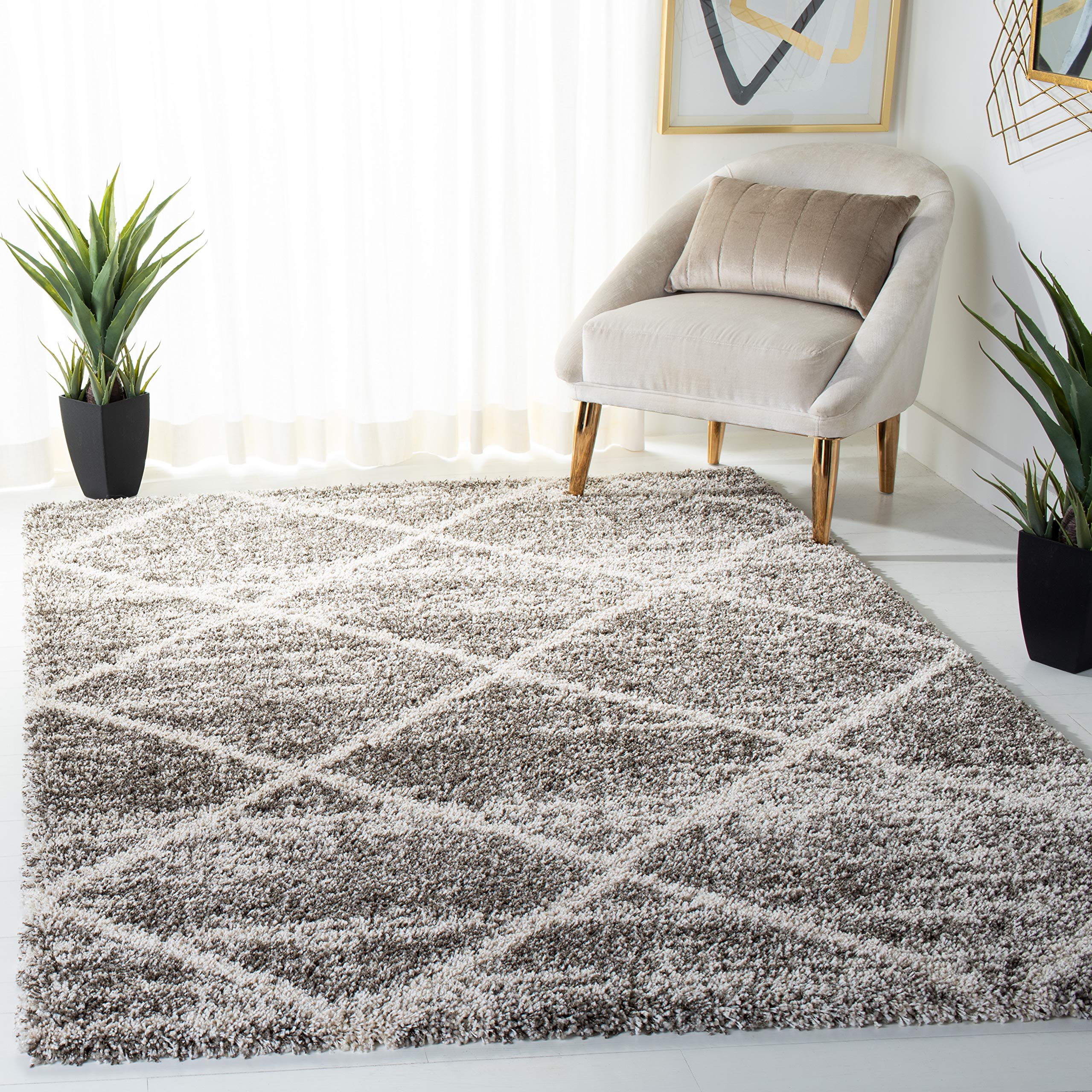 SAFAVIEH Hudson Shag Collection Area Rug - 5 Square, Distressed Grey & Ivory, Trellis Design, Non-Shedding & Easy Care, 2-inch 