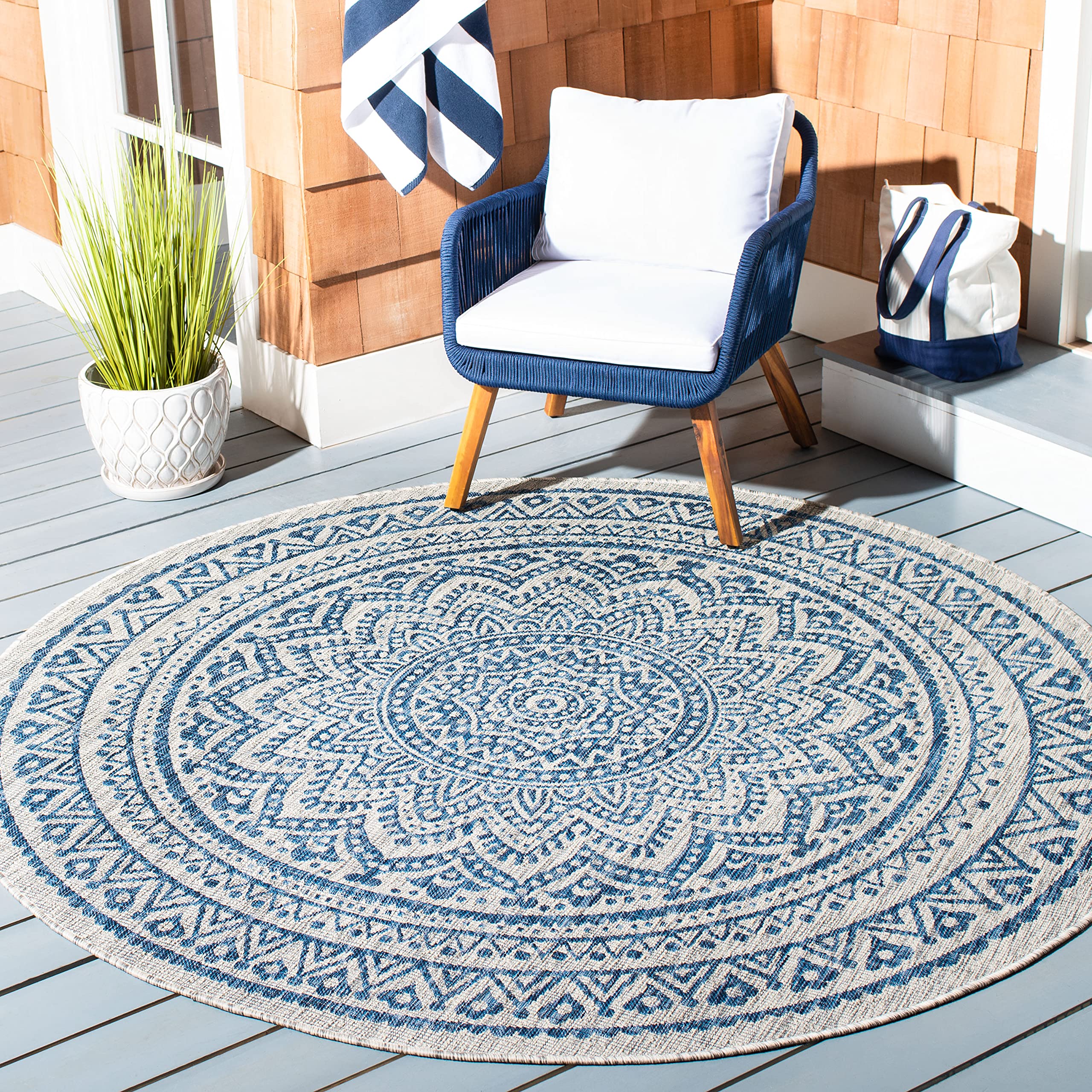 Safavieh Courtyard Collection 3' Round Light Grey/Blue Cy8734 Indoor/Outdoor Non-Shedding Easy Cleaning Patio Backyard Porch Deck Mudroom Area Rug