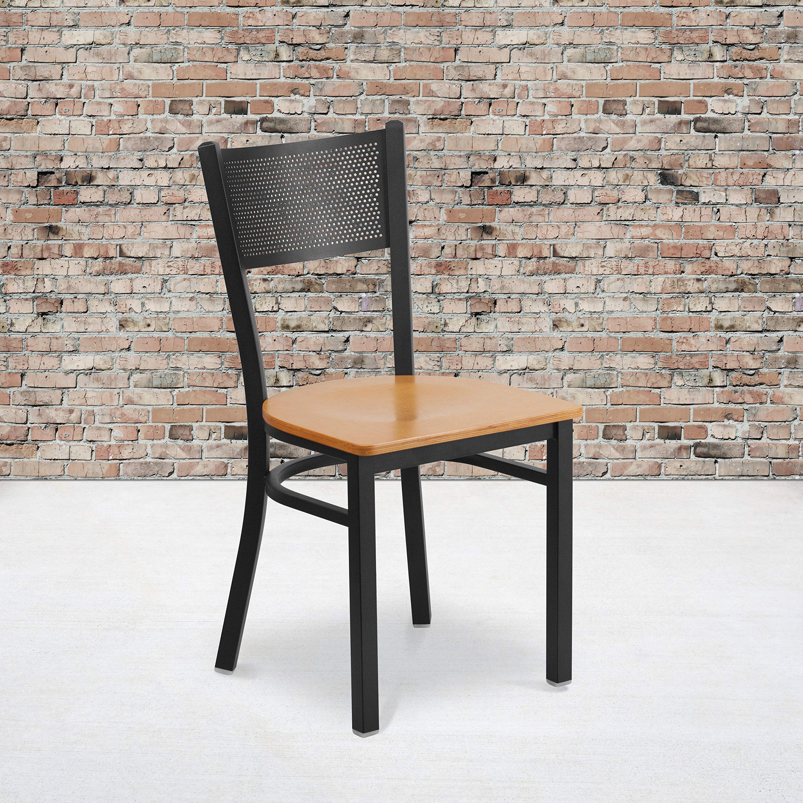 2 Pk. HERCULES Series Black Grid Back Metal Restaurant Chair - Natural Wood Seat