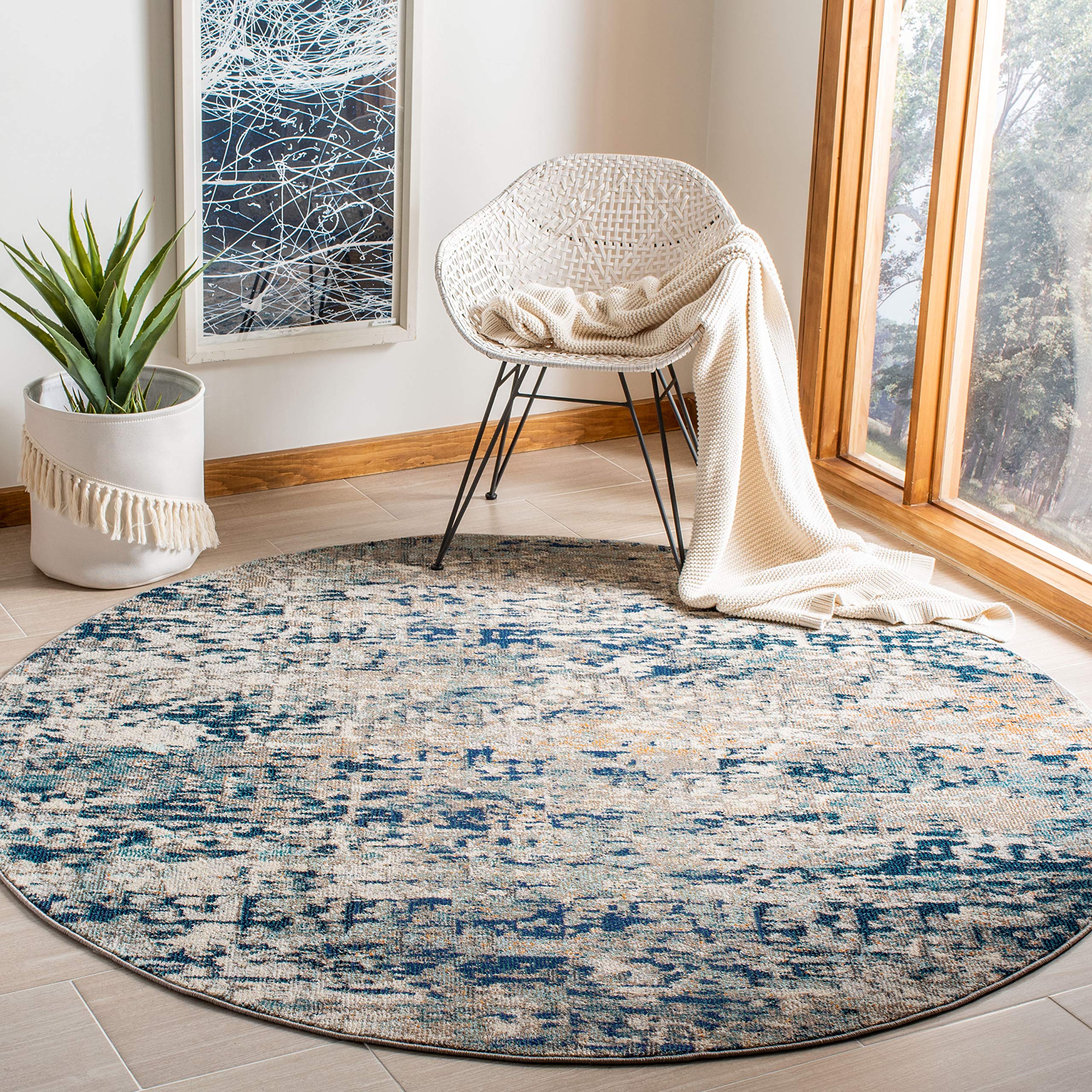 SAFAVIEH Madison Collection 10 Round Grey/Blue MAD460K Modern Abstract Non-Shedding Living Room Bedroom Area Rug