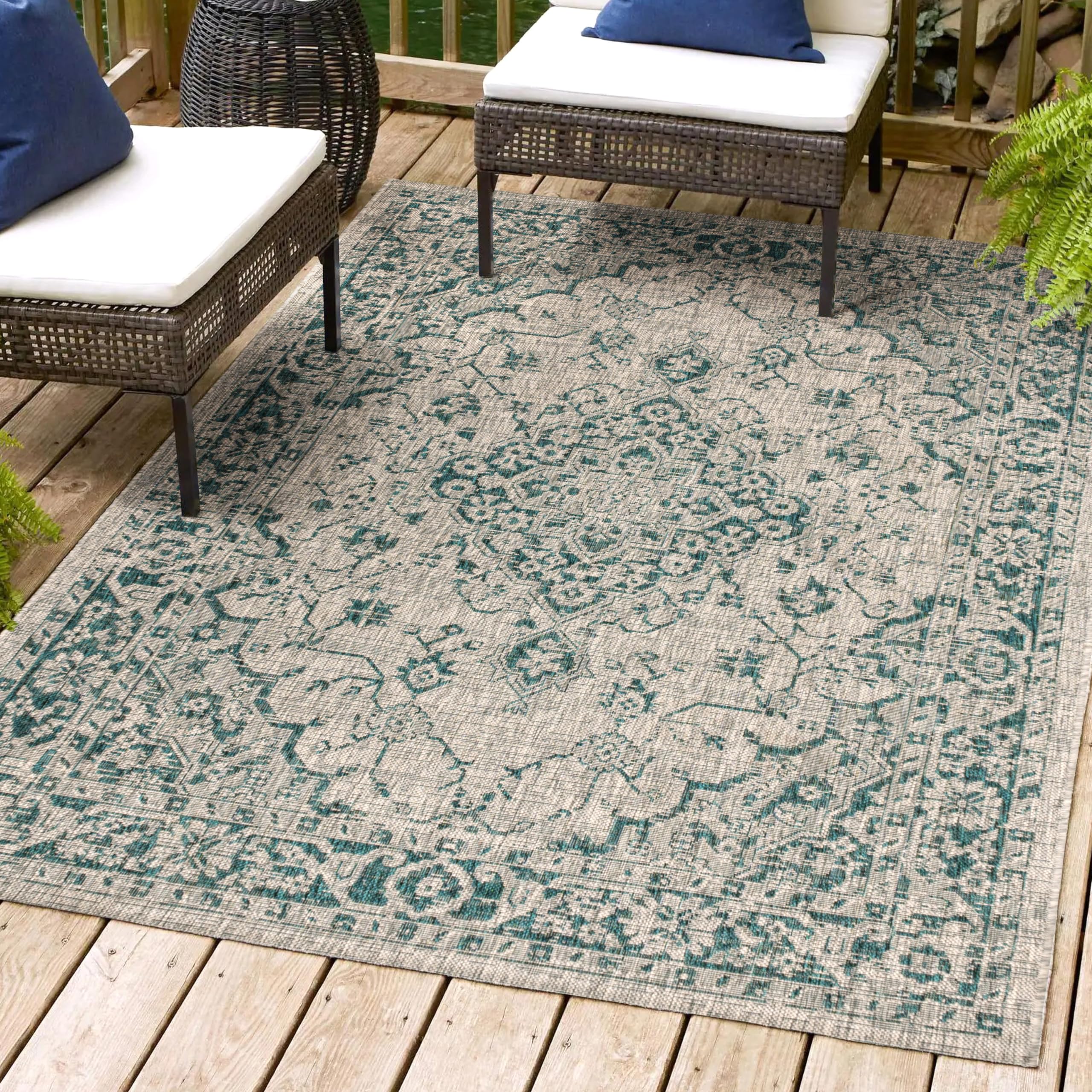 Jonathan Y Smb102C-9 Rozetta Boho Medallion Textured Weave Indoor Outdoor Area Rug Coastal Bohemian Rustic Glam Easy Cleaning Bedroom Kitchen Backyard Patio Non Shedding, 9 X 12, Gray/Teal