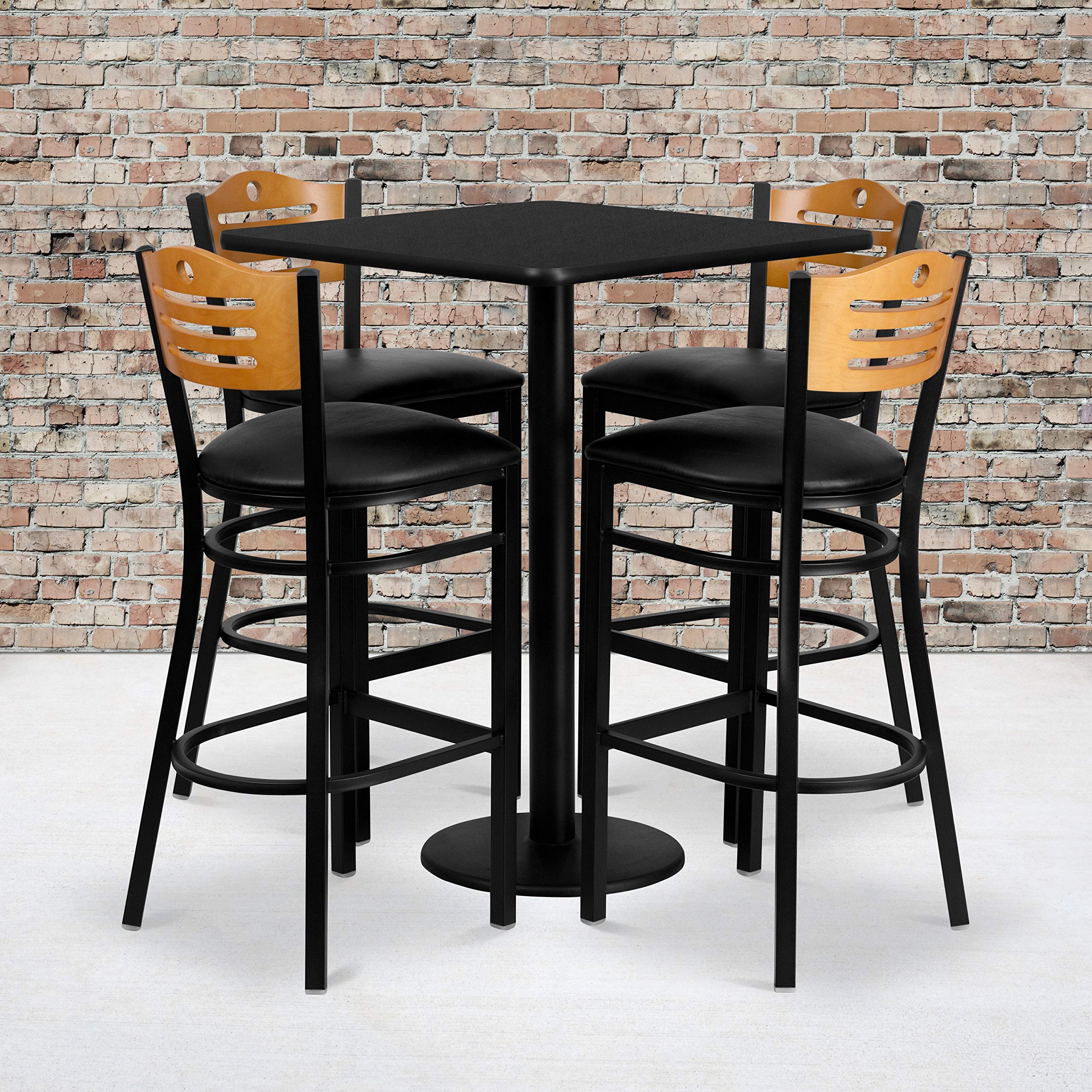 Flash Furniture Clark 30'' Square Black Laminate Table Set With 4 Wood Slat Back Metal Barstools - Black Vinyl Seat