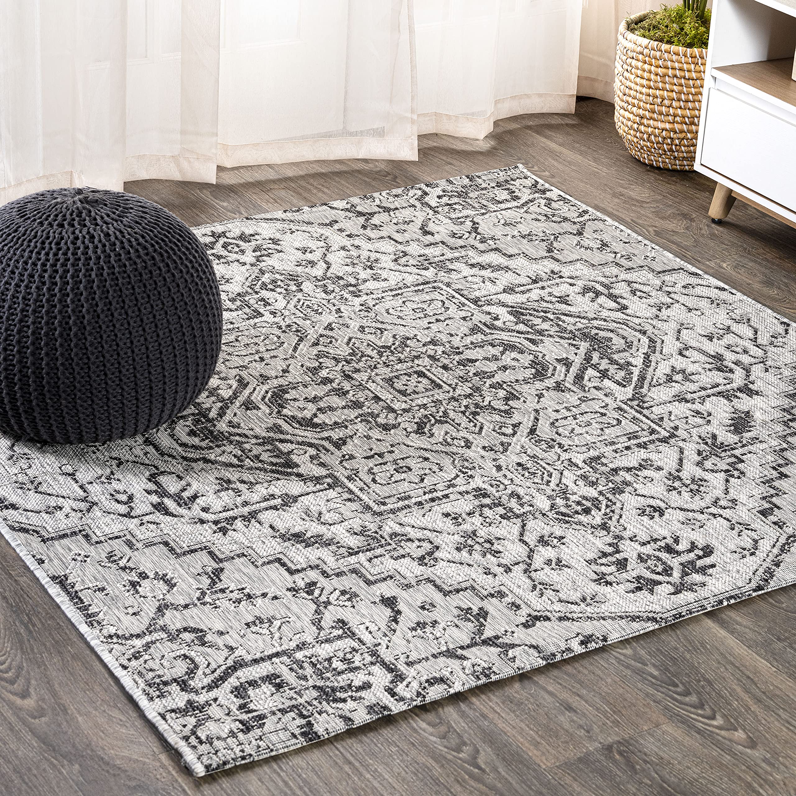 JONATHAN Y SMB105D-8SQ Estrella Bohemian Medallion Textured Weave Black/Gray 8 Square Indoor/Outdoor Area Rug, Pet Friendly, No