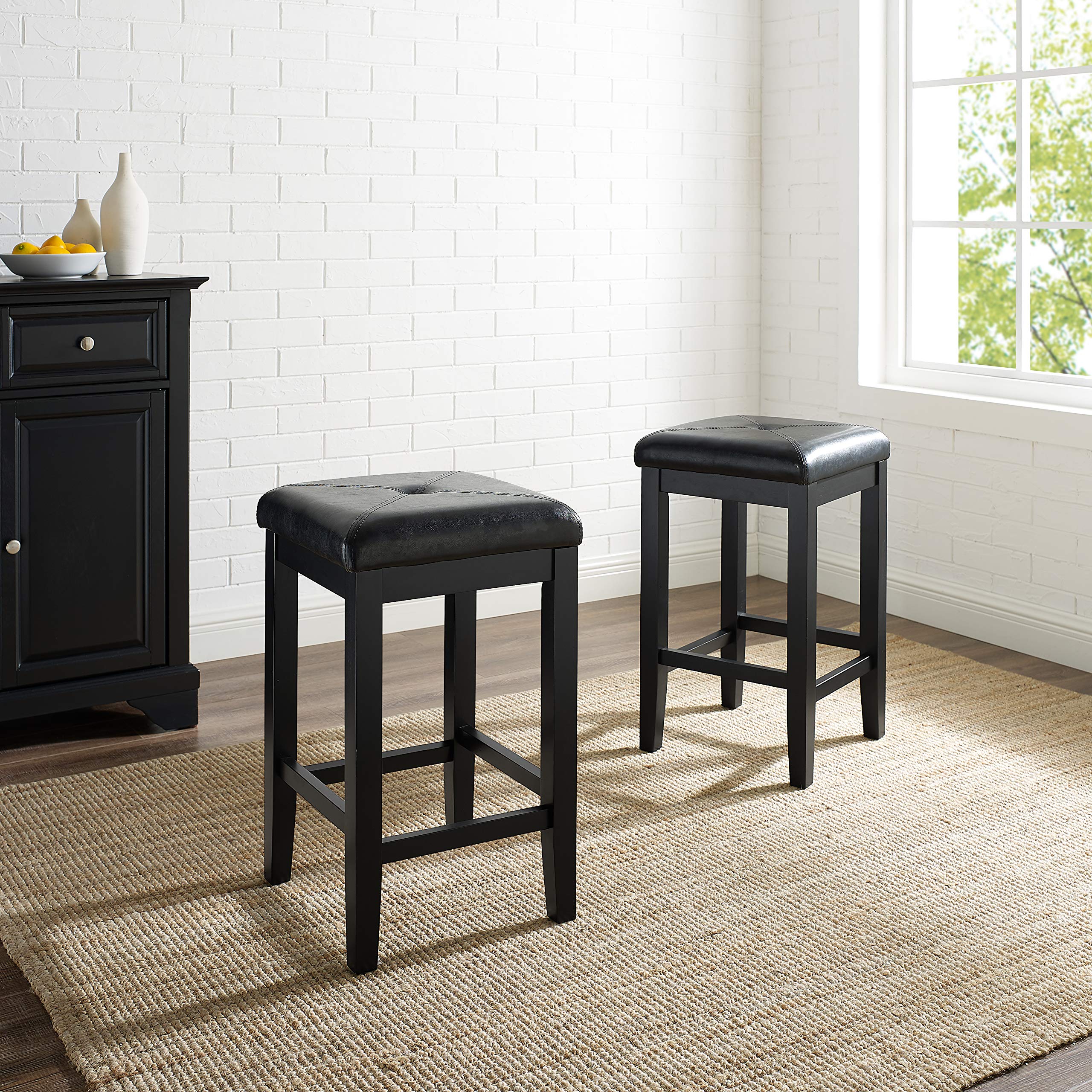 Crosley Furniture Upholstered Square Seat Counter Height Bar Stools Set of 2, Black, 24-inch