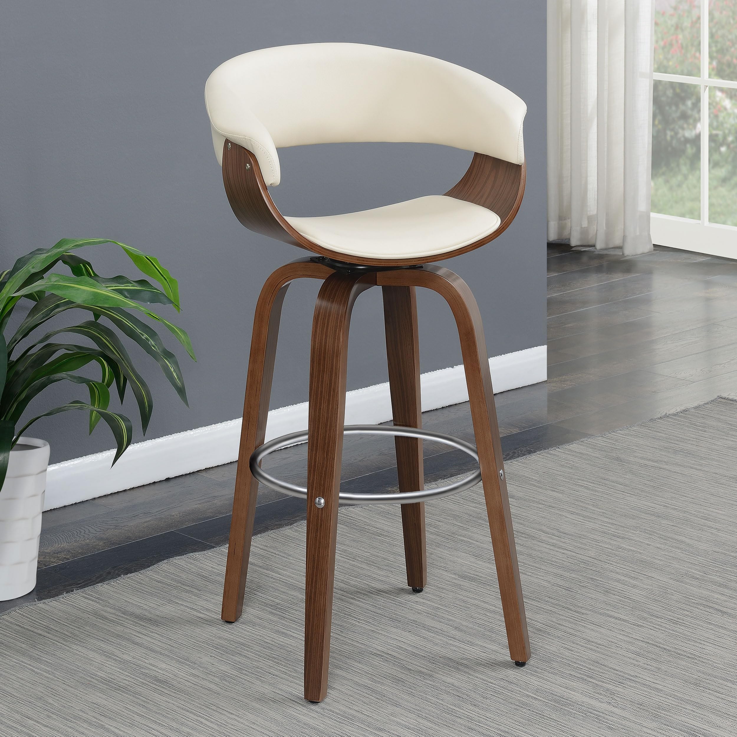 Zion Upholstered Swivel Bar Stool, Walnut and Ecru