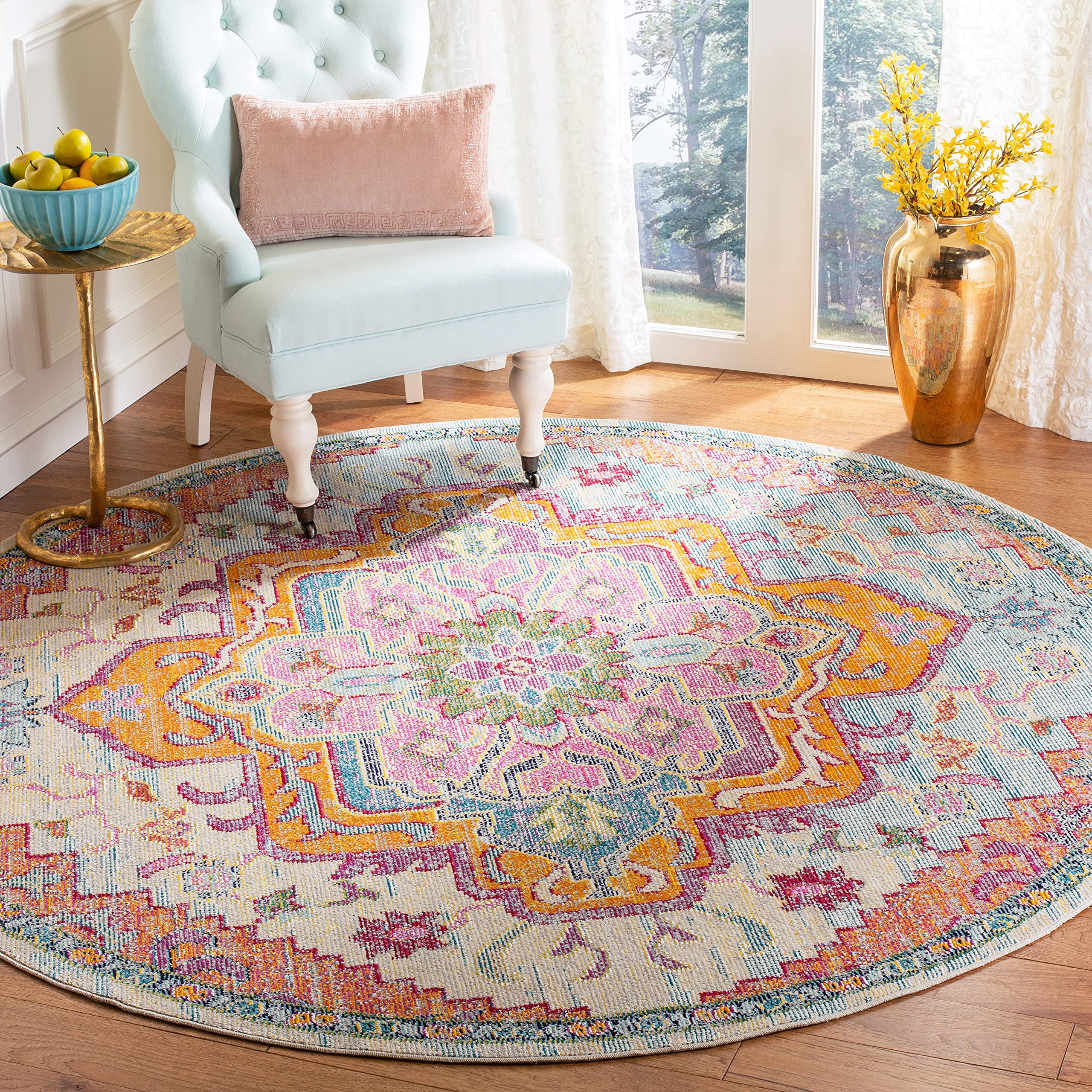 SAFAVIEH Crystal Collection Area Rug - 4 Round, Light Blue & Fuchsia, Medallion Distressed Design, Non-Shedding & Easy Care, Id