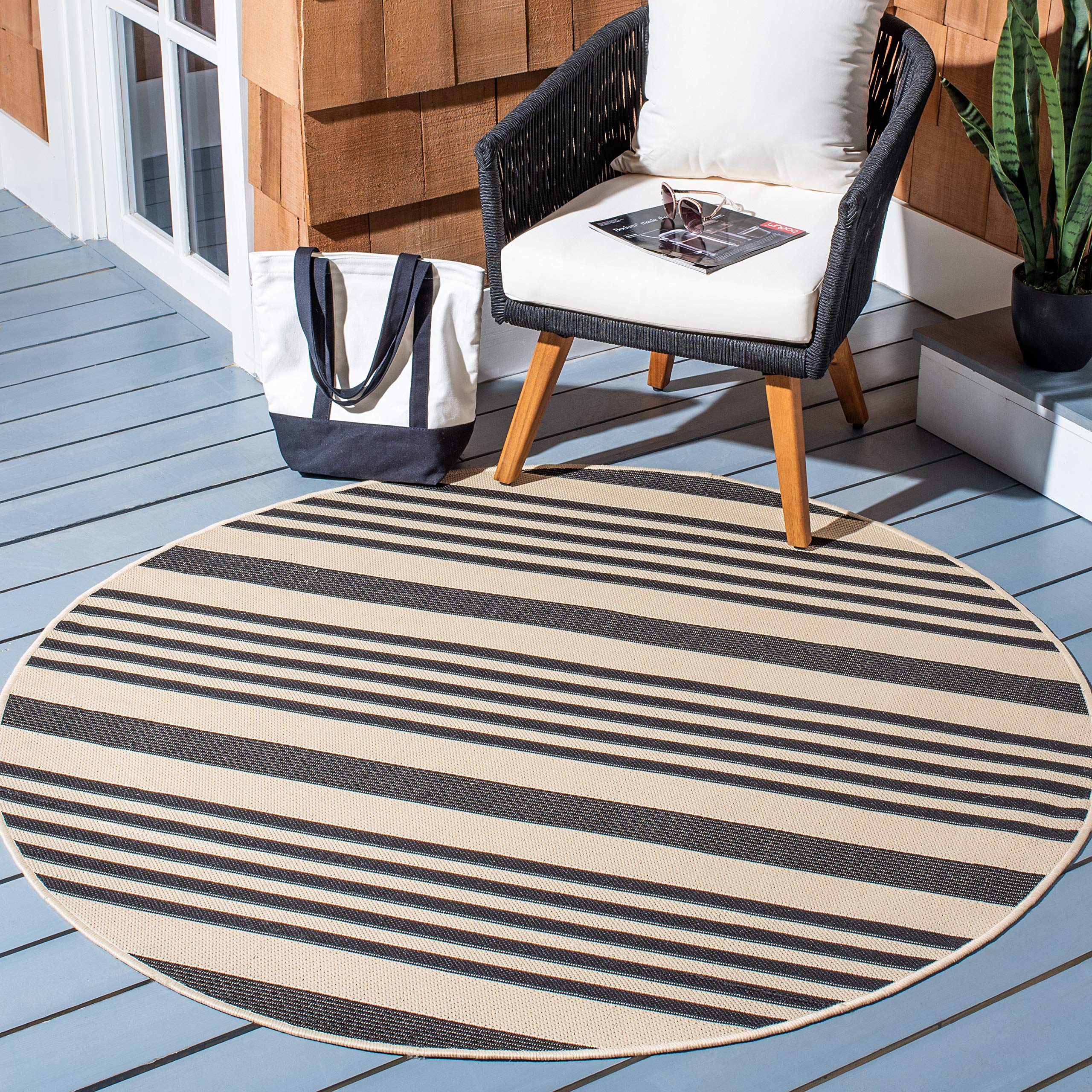 Safavieh Courtyard Collection Area Rug - 5'3'' Round, Black & Bone, Stripe Design, Non-Shedding & Easy Care, Indoor/Outdoor & Wa