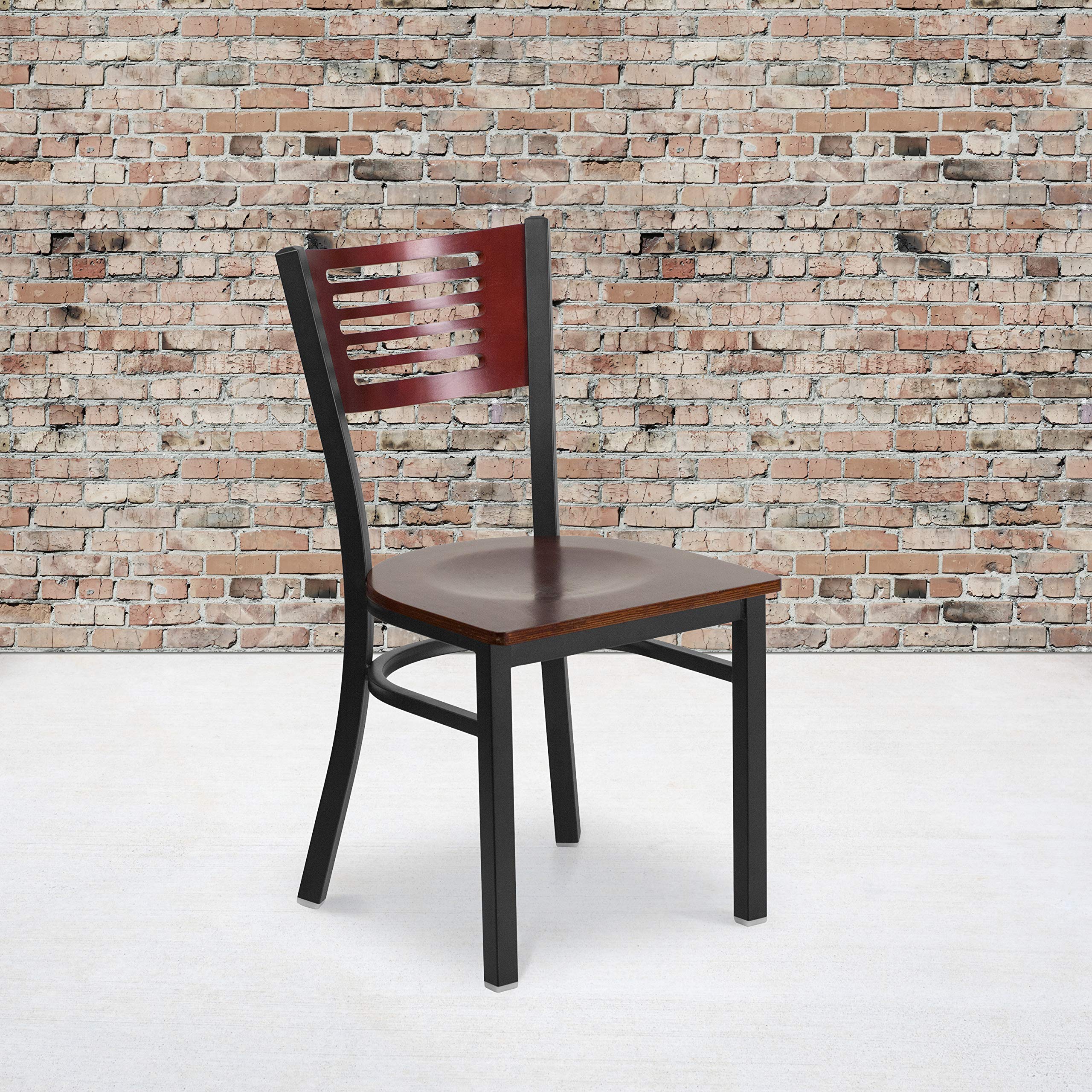 Flash Furniture Hercules Series Black Slat Back Metal Restaurant Chair - Mahogany Wood Back & Seat