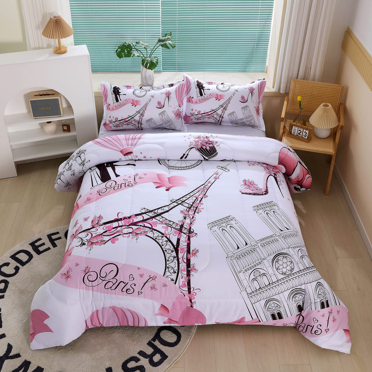 Romantic Pink Paris Style Comforter Set For Girls And Teens, Twin Size Sweet Couple Paris Tower Bedroom Themed Bedding Comforter