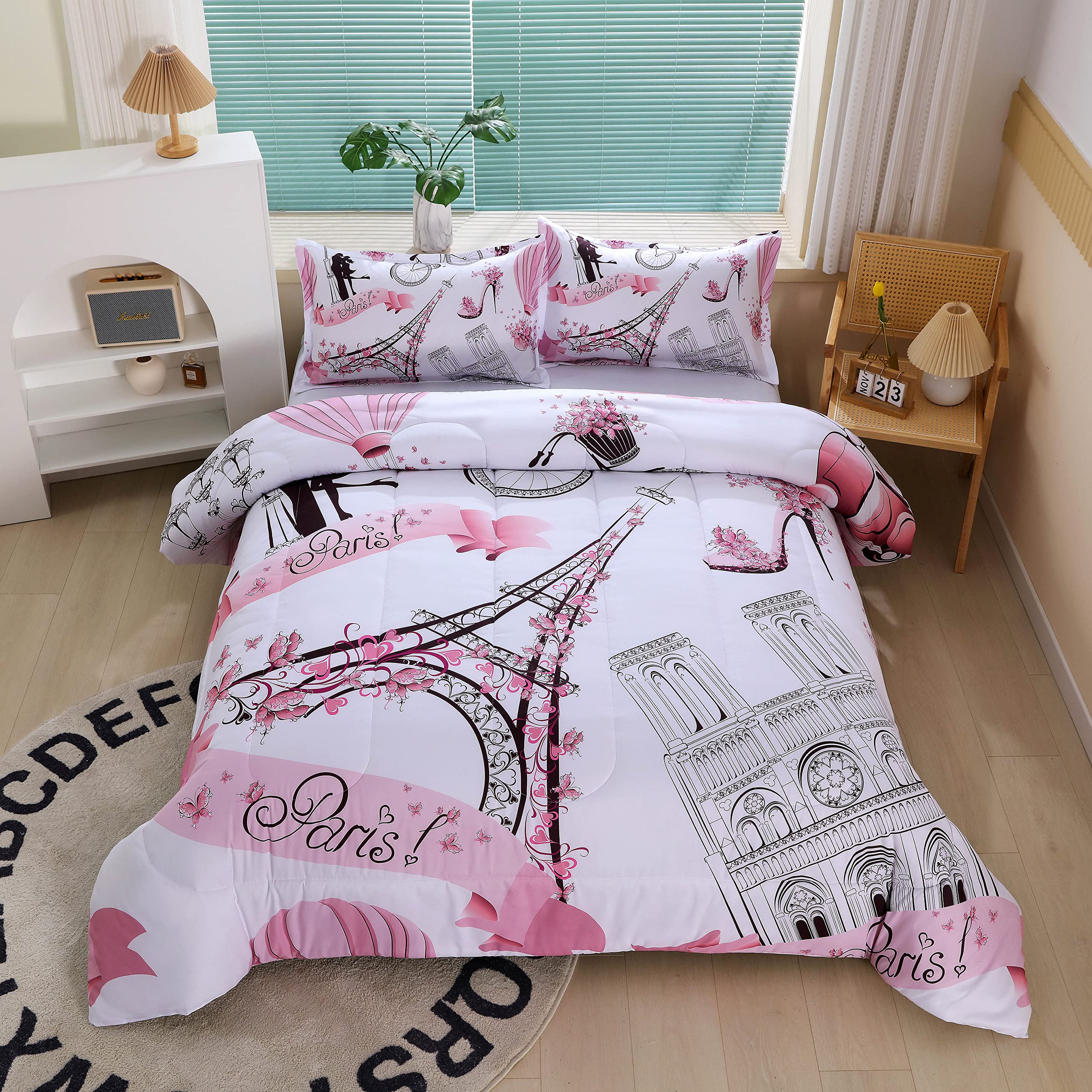 Romantic Pink Paris Style Comforter Set For Girls And Teens, Twin Size Sweet Couple Paris Tower Bedroom Themed Bedding Comforter