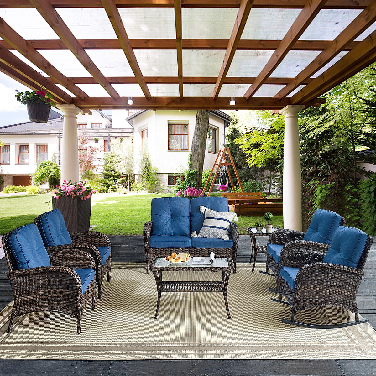 Belord 7 Piece Outdoor Patio Furniture Sets With Rocking Chairs, Wicker Loveseat Conversation Sets For Patio Deck Backyard Poolside, Blue Cushion