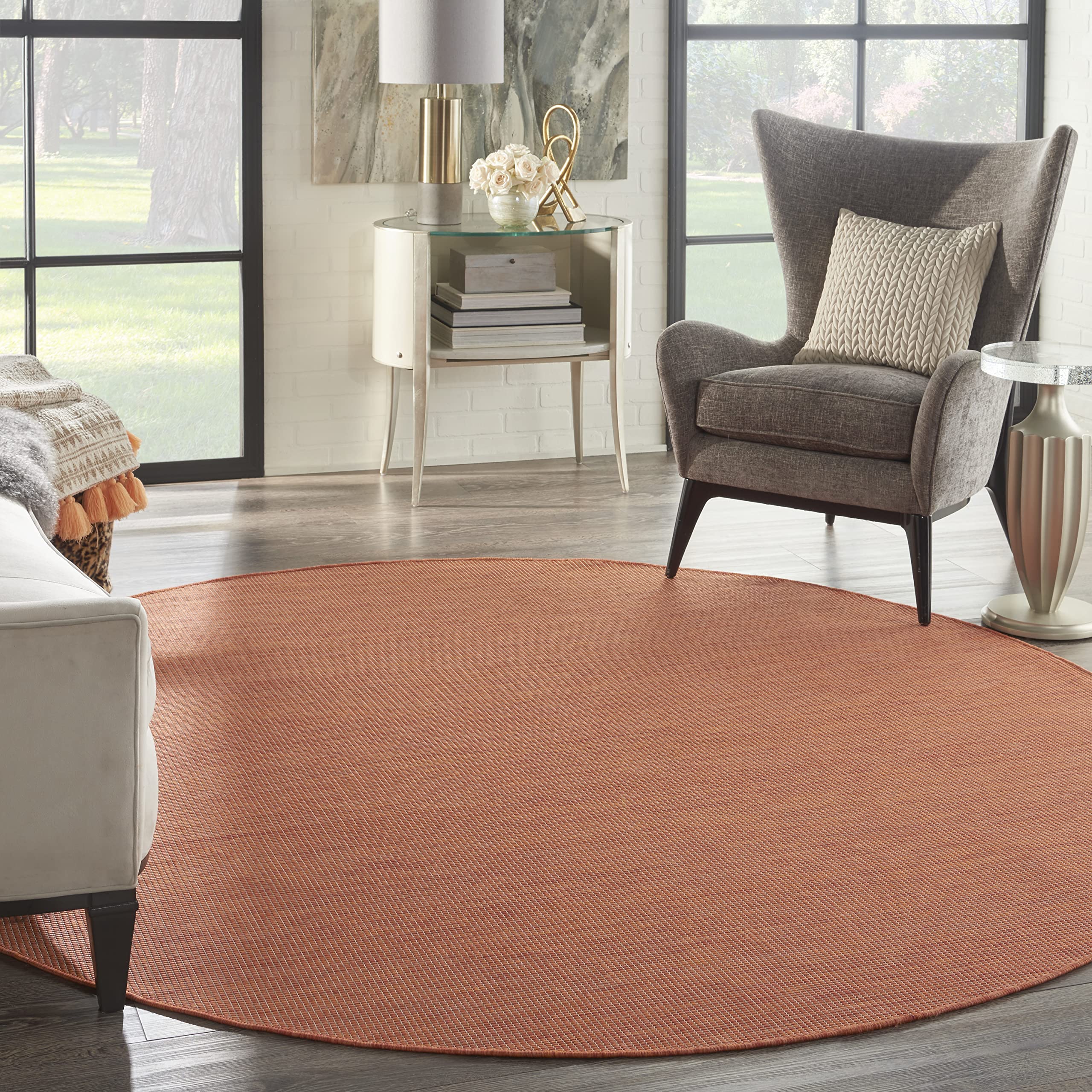 Nourison Positano Indoor/Outdoor Terracotta 8' X Round Area Rug, Easy Cleaning, Non Shedding, Bed Room, Living Room, Dining Room