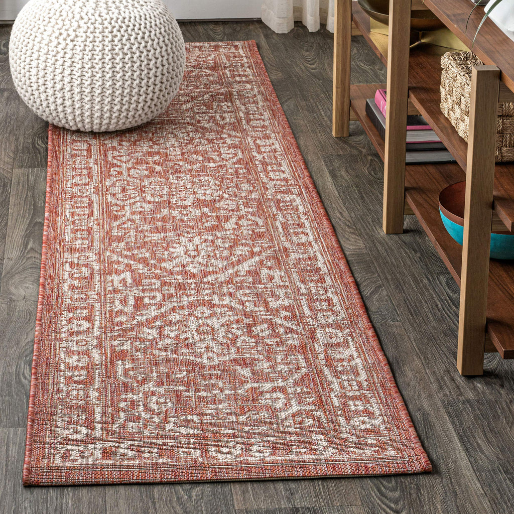 Jonathan Y Smb104A-28 Malta Bohemian Medallion Textured Weave Indoor Outdoor -Area Rug, Coastal, Traditional, Transitional Easy-Cleaning,Bedroom,Kitchen,Backyard,Patio,Non Shedding, Red/Taupe, 2 X 8