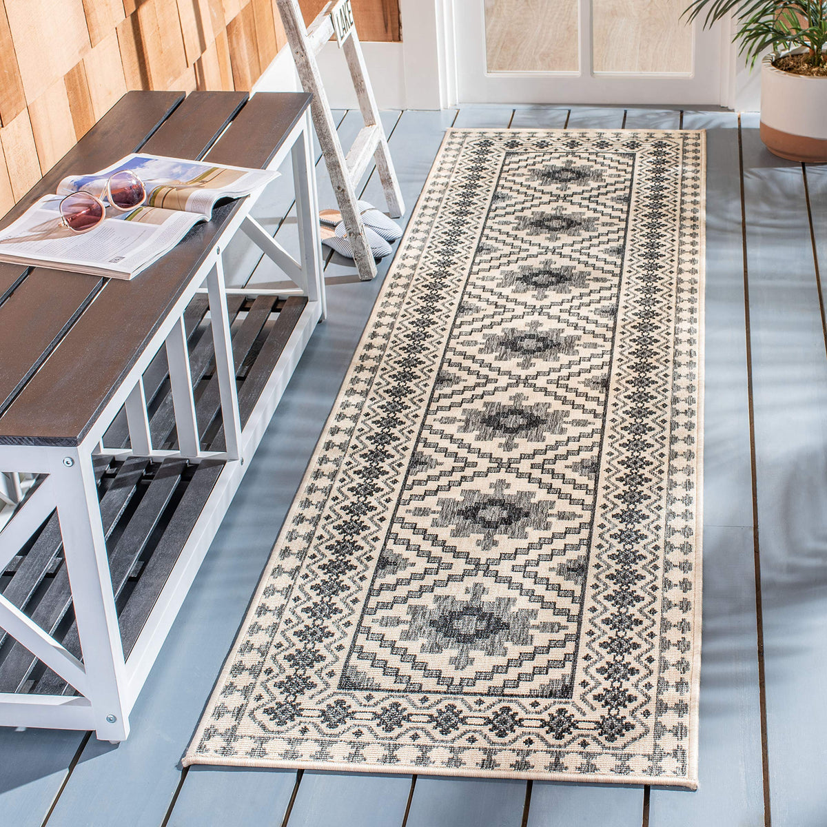 Safavieh Veranda Collection 2'3' X 6' Ivory / Slate Ver099 Boho Indoor/ Outdoor Non-Shedding Easy Scrubbing Patio Backyard Porch