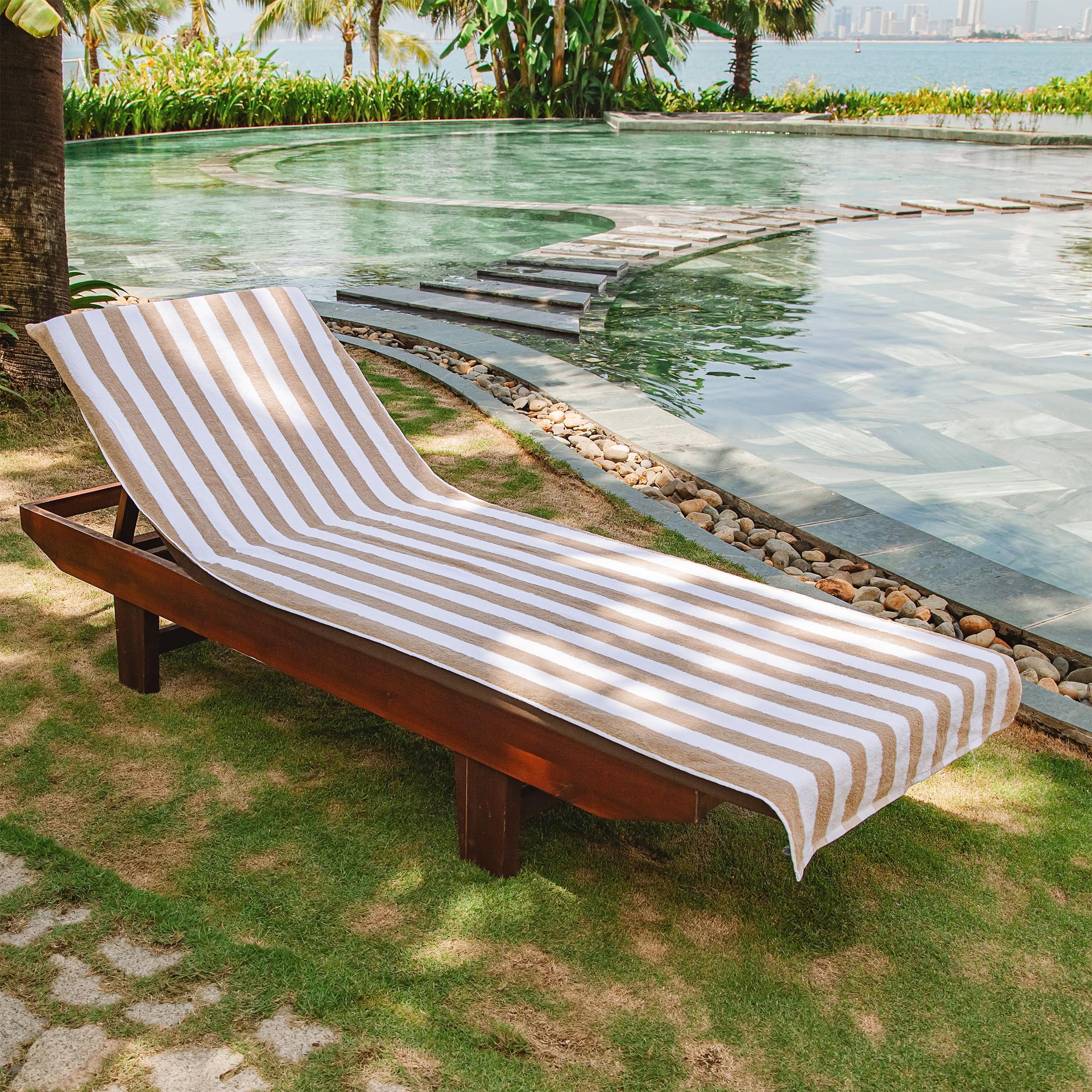 Arkwright California Chaise Lounge Cover - Pack Of 2 - Striped Soft Cotton Cabana Towel With Pocket Holder For Beach Pool Outdoor Chair, 30 X 85 In., Beige