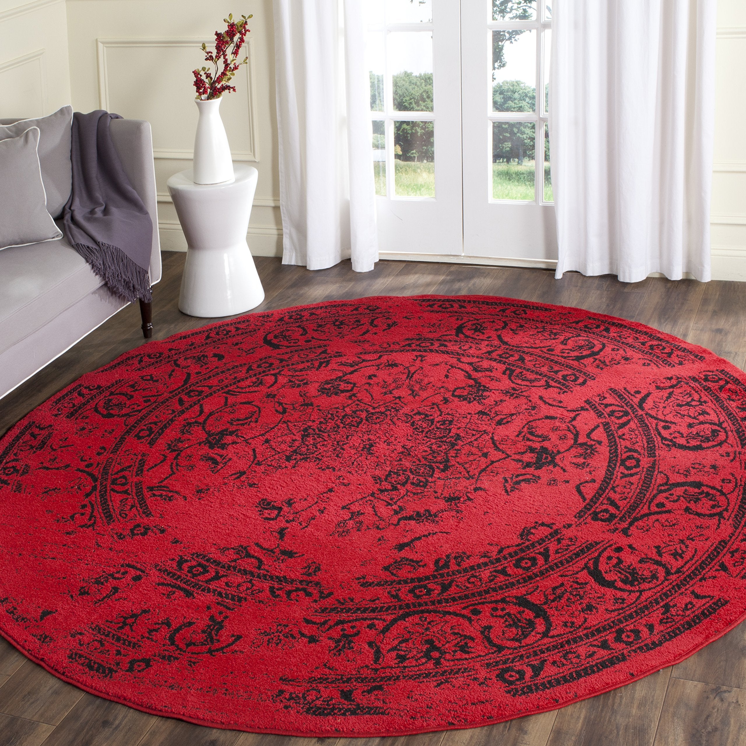 SAFAVIEH Adirondack Collection Area Rug - 8 Round, Red & Black, Oriental Distressed Design, Non-Shedding & Easy Care, Ideal for