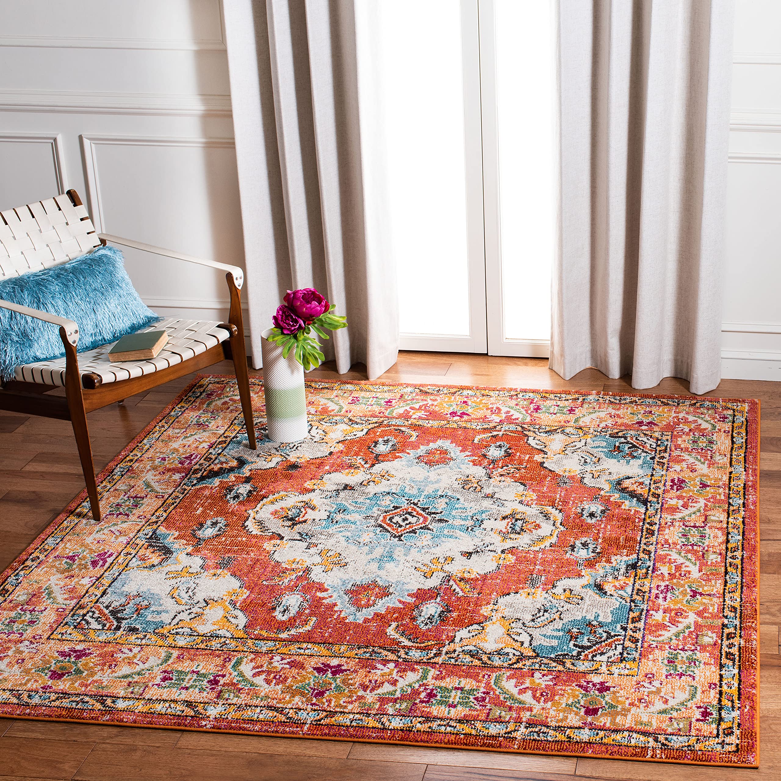 SAFAVIEH Monaco Collection 67 Square Orange Light Blue MNC243H Boho Chic Medallion Distressed Non-Shedding Living Room Bedroom 