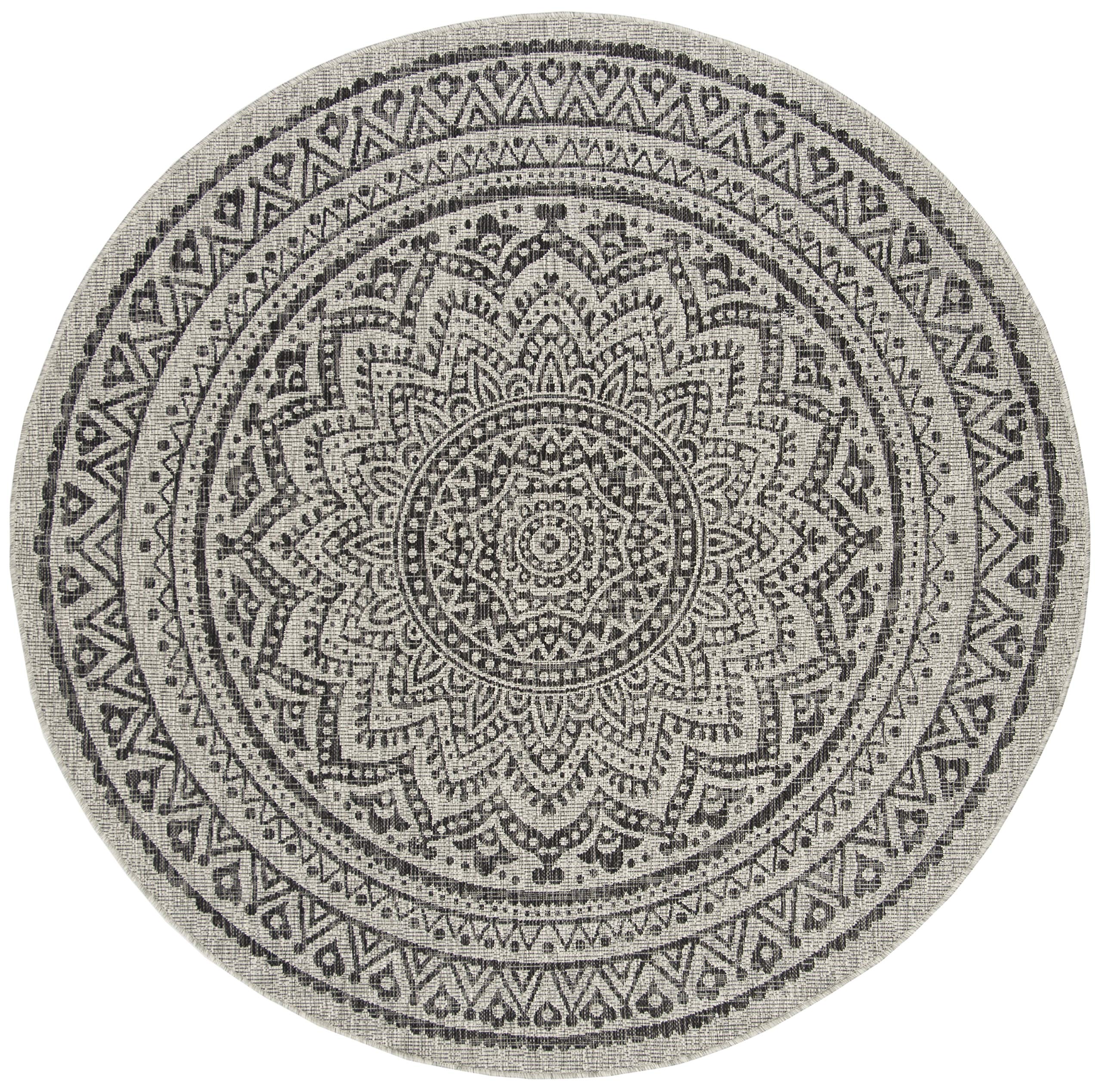 Safavieh Courtyard Collection 4' Round Light Grey/Black Cy8734 Indoor/ Outdoor Waterproof Easy Cleaning Patio Backyard Mudroom Area Rug