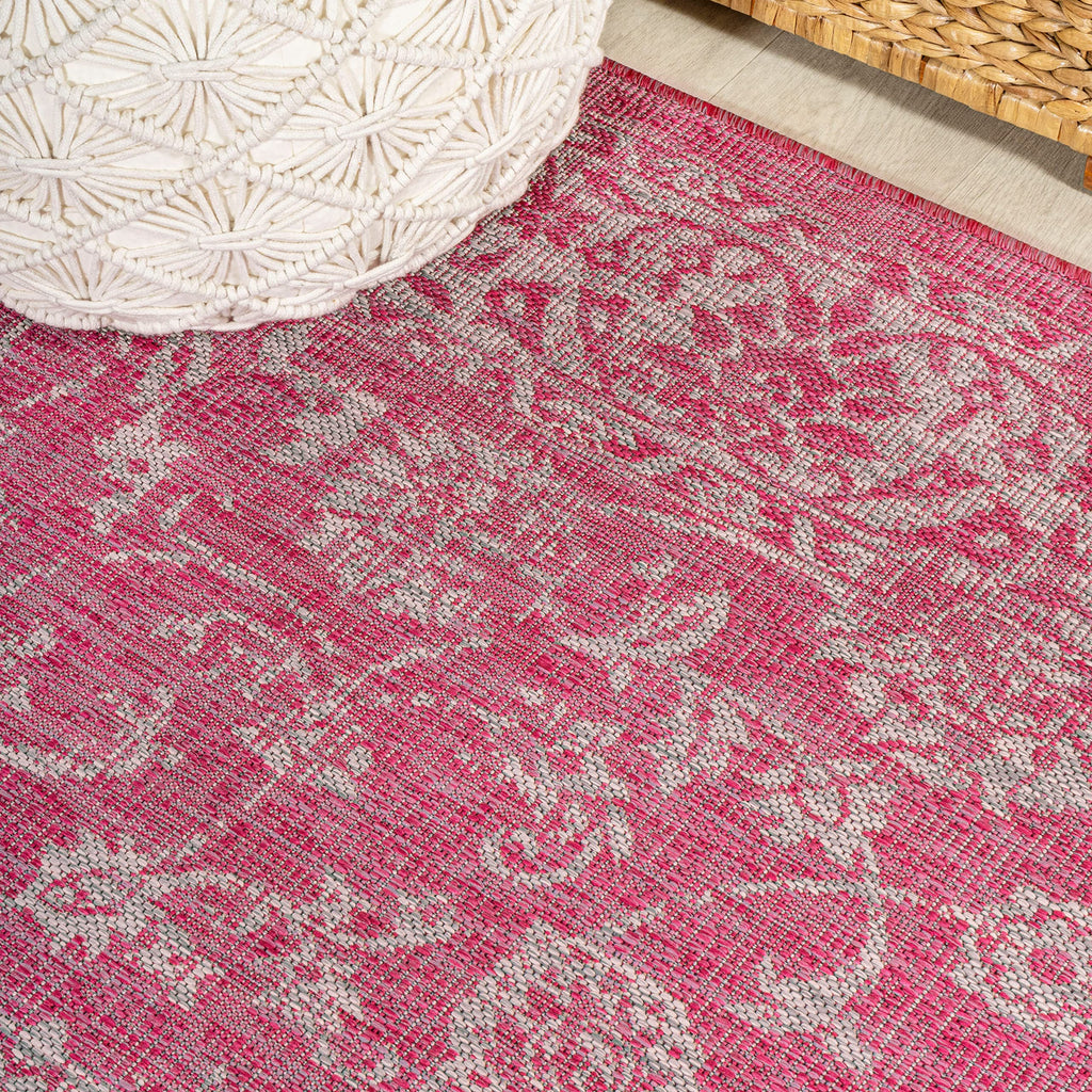 Jonathan Y Smb100G-28 Tela Bohemian Textured Weave Floral Indoor Outdoor Area Rug, Coastal Traditional Transitional Easy Cleaning,Bedroom,Kitchen,Backyard,Patio, Fuchsia/Light Gray, 2 X 8