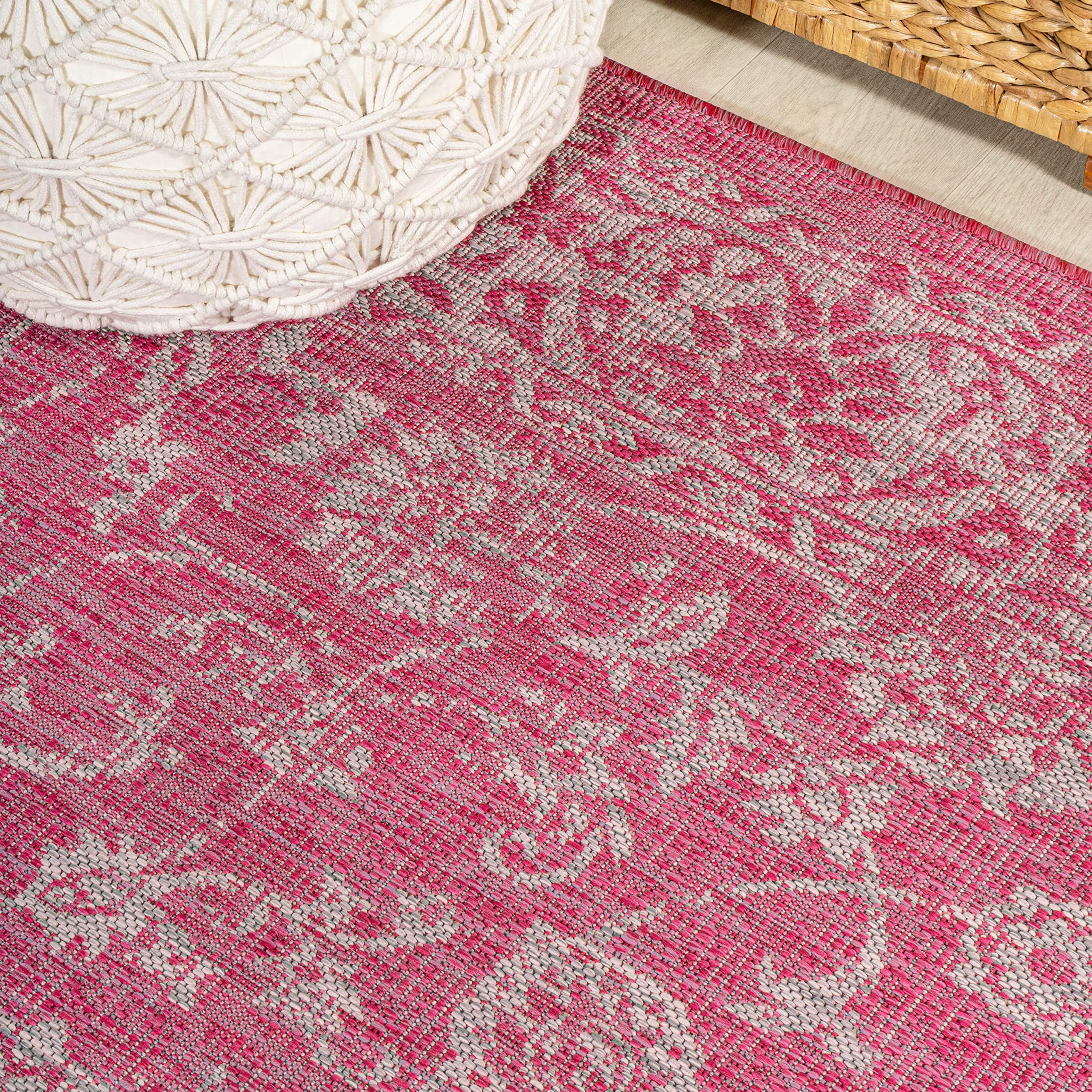 Jonathan Y Smb100G-5Sq Tela Bohemian Textured Weave Floral Indoor Outdoor Area Rug, Coastal Traditional Transitional Easy Cleaning,Bedroom,Kitchen,Backyard,Patio, Fuchsia/Light Gray, 5' Square