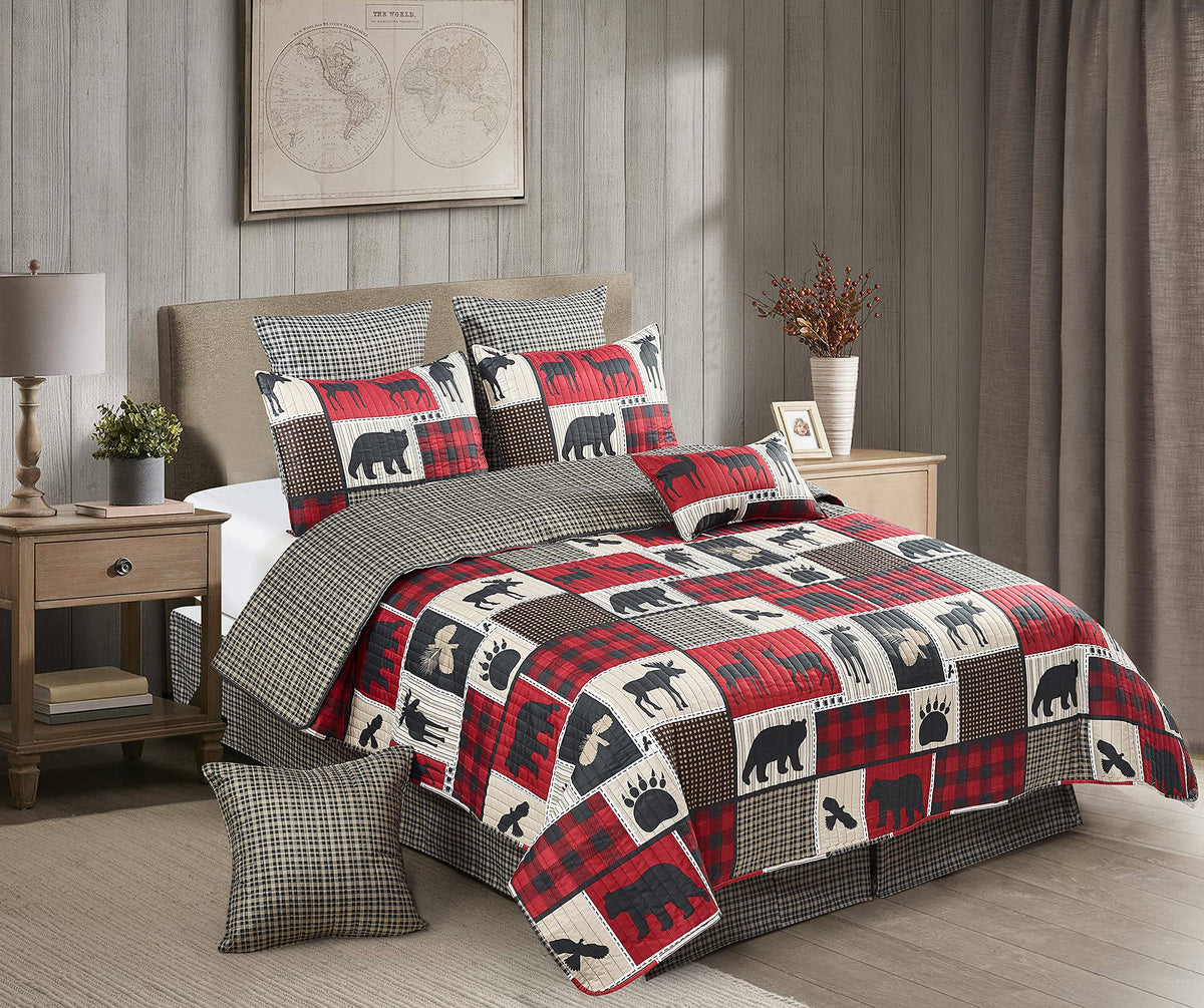 Virah Bella 3 Piece King Cabin Quilt Bedding Set - Lodge Life - Rustic Country Reversible Patchwork Comforter Set With Decorativ