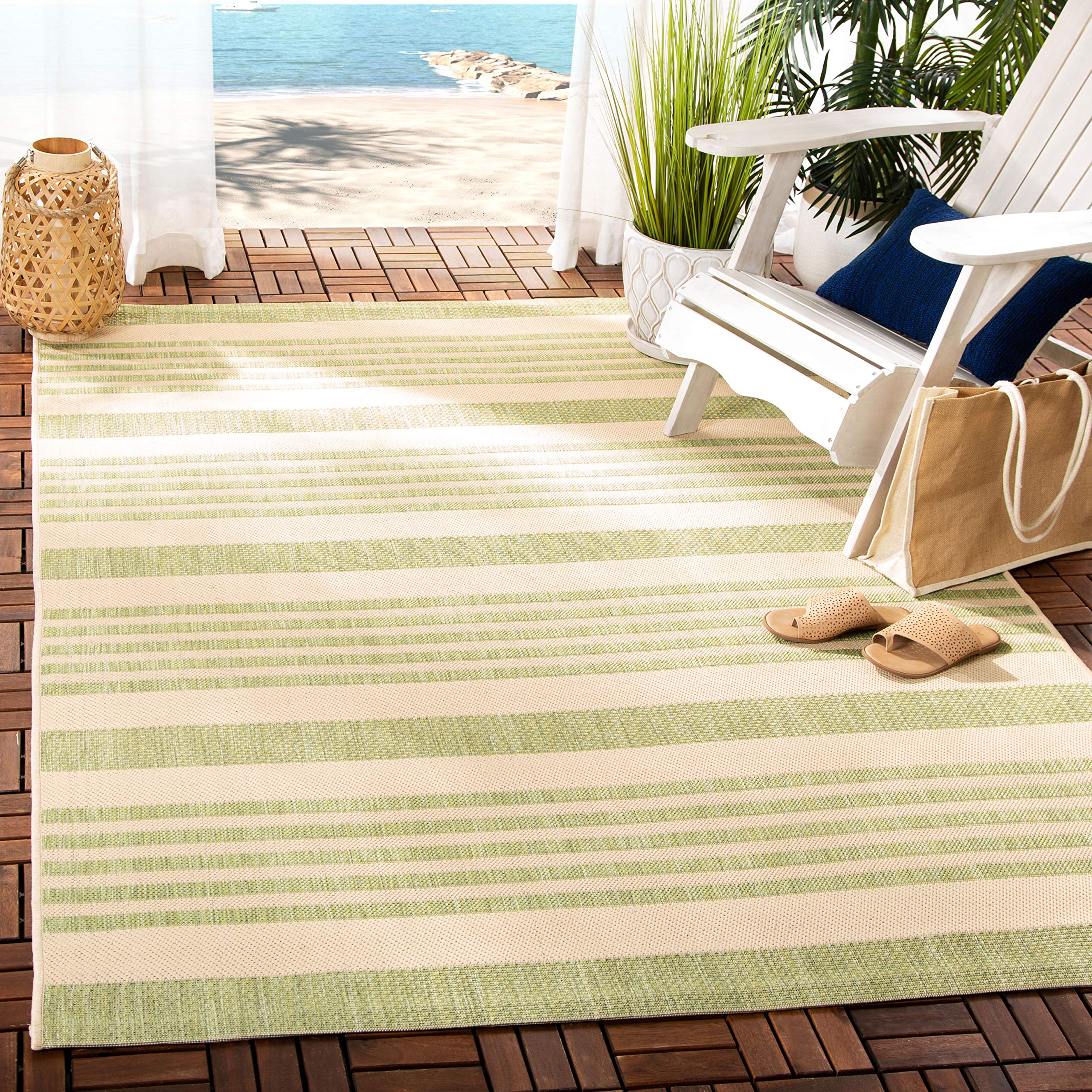 Safavieh Courtyard Collection Area Rug - 5'3'' Square, Beige & Sweet Pea, Stripe Design, Non-Shedding & Easy Care, Indoor/Outdoo