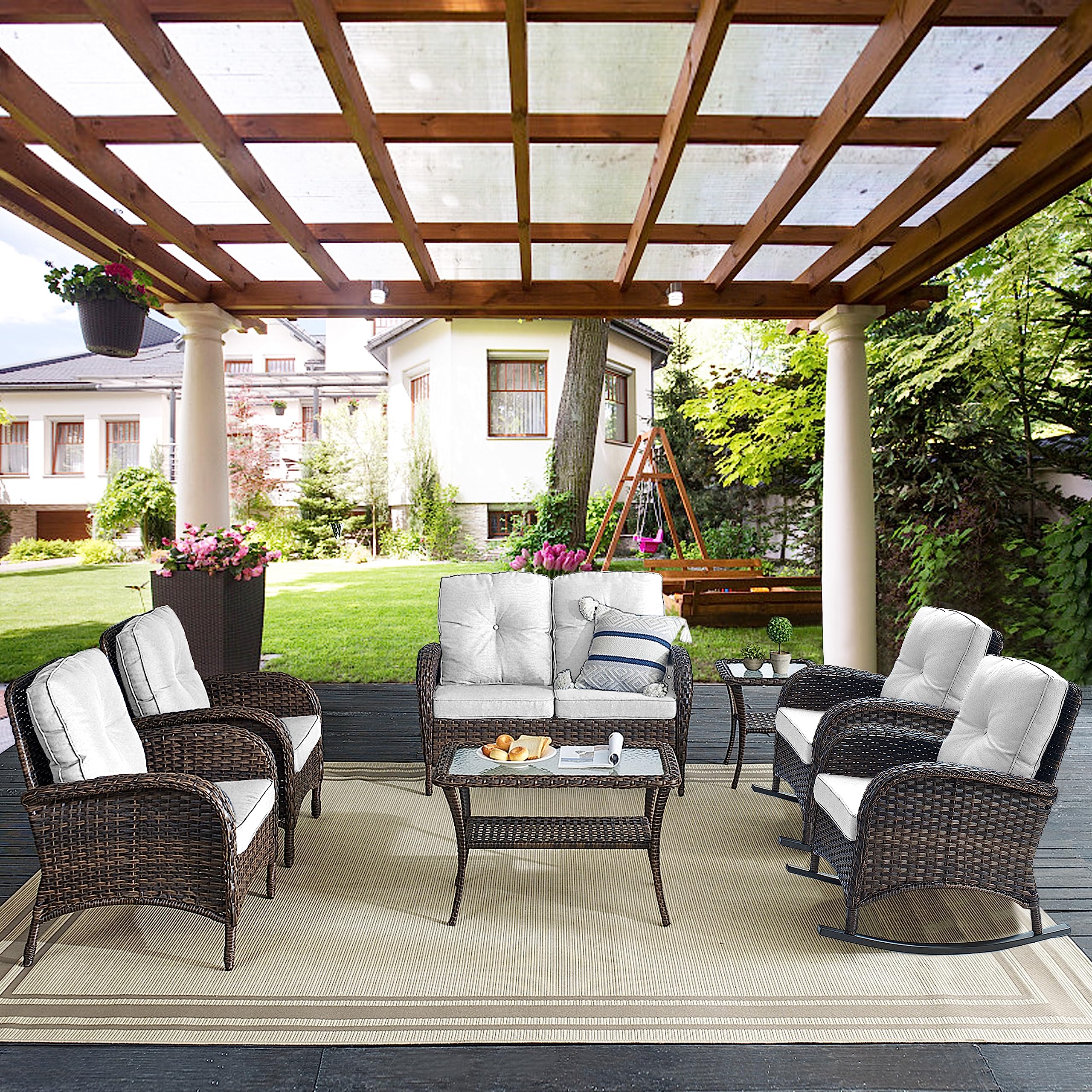 Belord 7 Piece Outdoor Patio Furniture Sets With Rocking Chairs, Wicker Loveseat Conversation Sets For Patio Deck Backyard Poolside, Beige Cushion