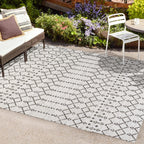 Jonathan Y Smb108I-5 Ourika Moroccan Geometric Textured Weave Indoor Outdoor Area Rug, Coastal, Traditional, Transitional Easy Cleaning,Bedroom,Kitchen,Backyard,Patio,Non Shedding, Cream/Black, 5 X 8