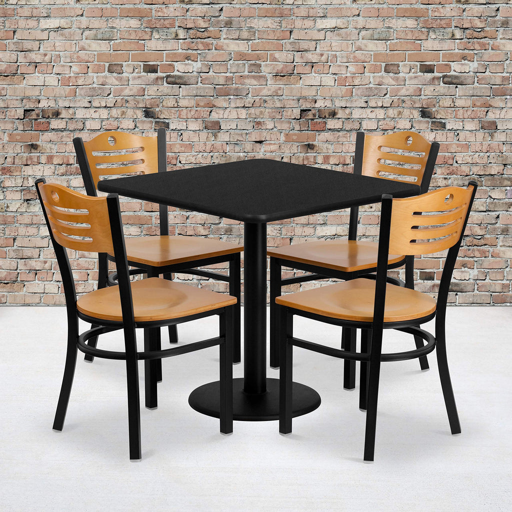 Flash Furniture 30'' Square Black Laminate Table Set with 4 Wood Slat Back Metal Chairs - Natural Wood Seat