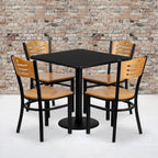 Flash Furniture 30'' Square Black Laminate Table Set with 4 Wood Slat Back Metal Chairs - Natural Wood Seat