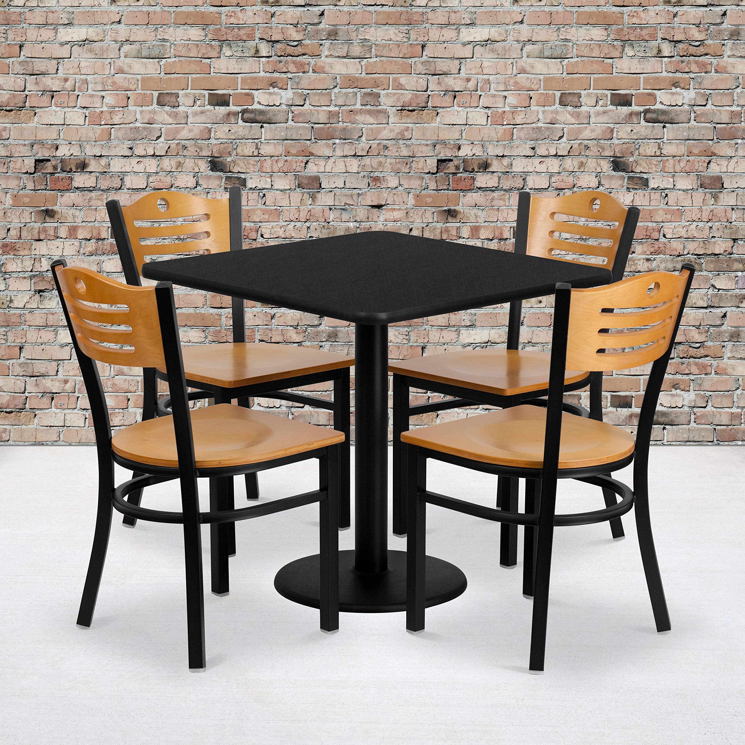 Flash Furniture 30'' Square Black Laminate Table Set with 4 Wood Slat Back Metal Chairs - Natural Wood Seat