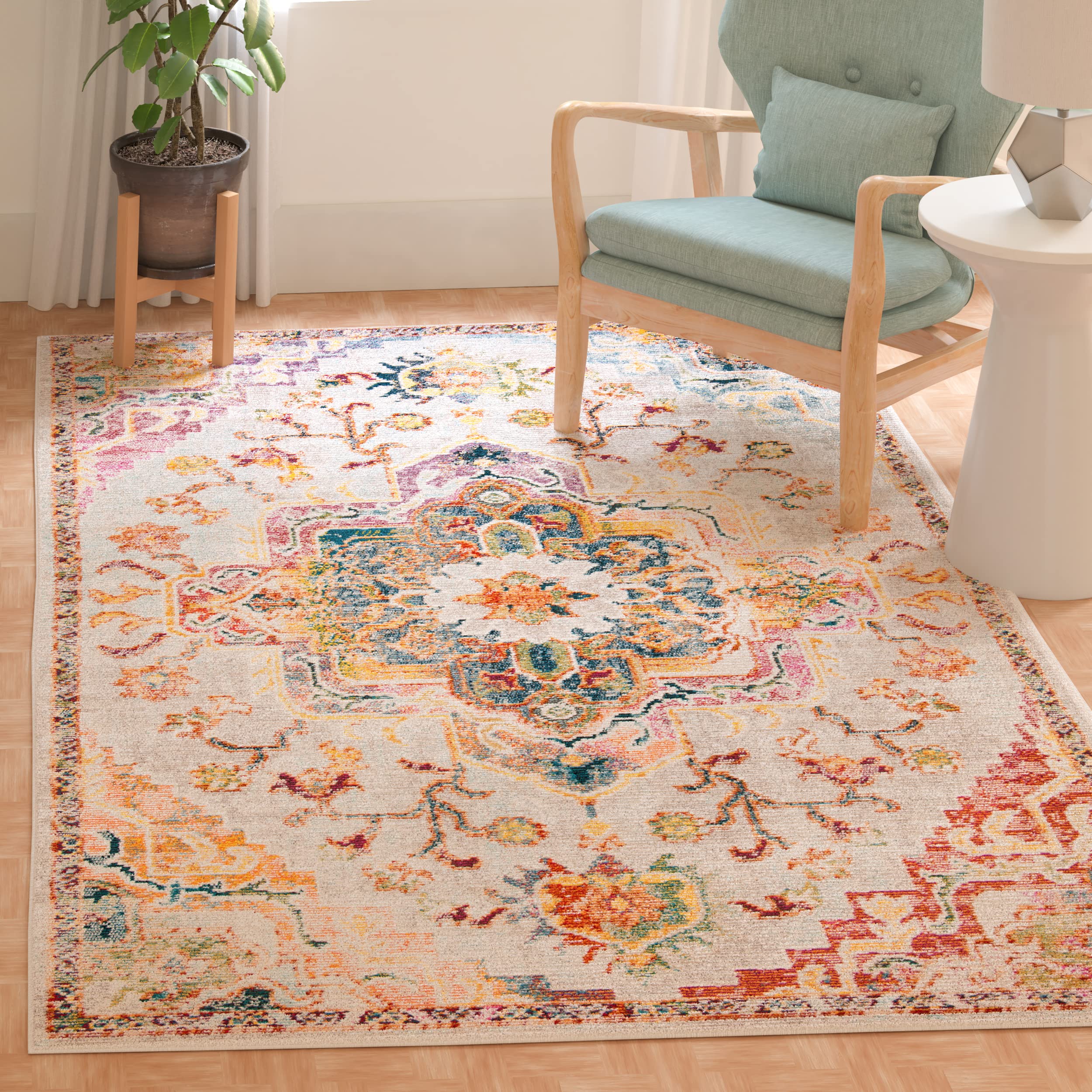 SAFAVIEH Crystal Collection Area Rug - 5 x 8, Light Blue & Grey, Medallion Distressed Design, Non-Shedding & Easy Care, Ideal 