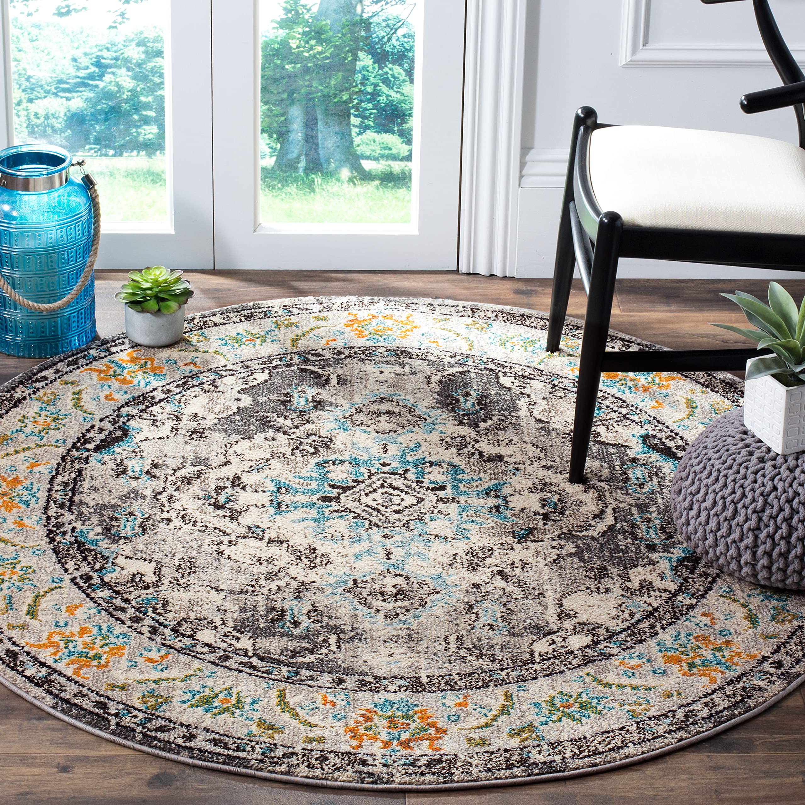 SAFAVIEH Monaco Collection 5 Round Grey/Light Blue MNC243G Boho Chic Medallion Distressed Non-Shedding Dining Room Entryway Foy