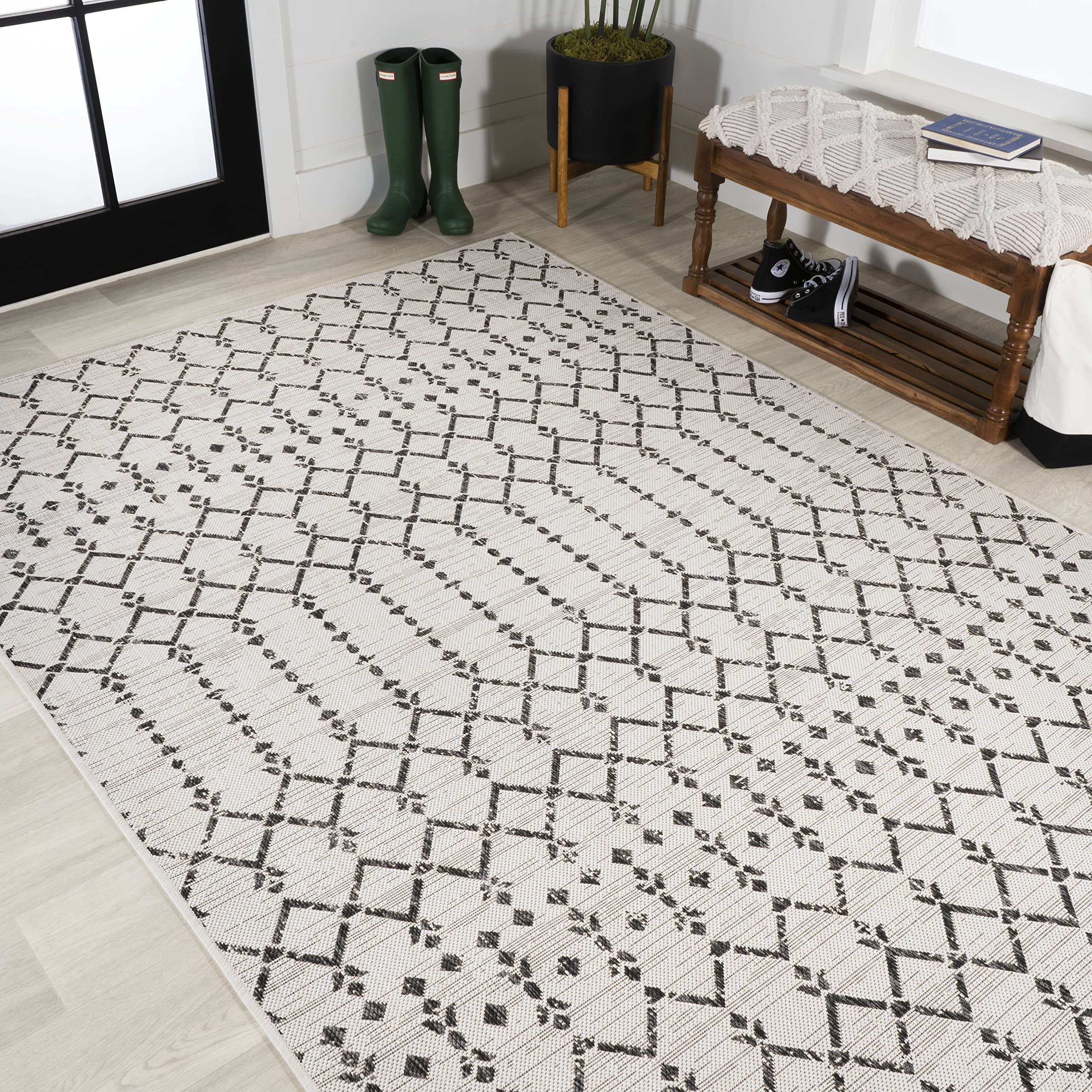 Jonathan Y Smb108I-5 Ourika Moroccan Geometric Textured Weave Indoor Outdoor Area Rug, Coastal, Traditional, Transitional Easy Cleaning,Bedroom,Kitchen,Backyard,Patio,Non Shedding, Cream/Black, 5 X 8