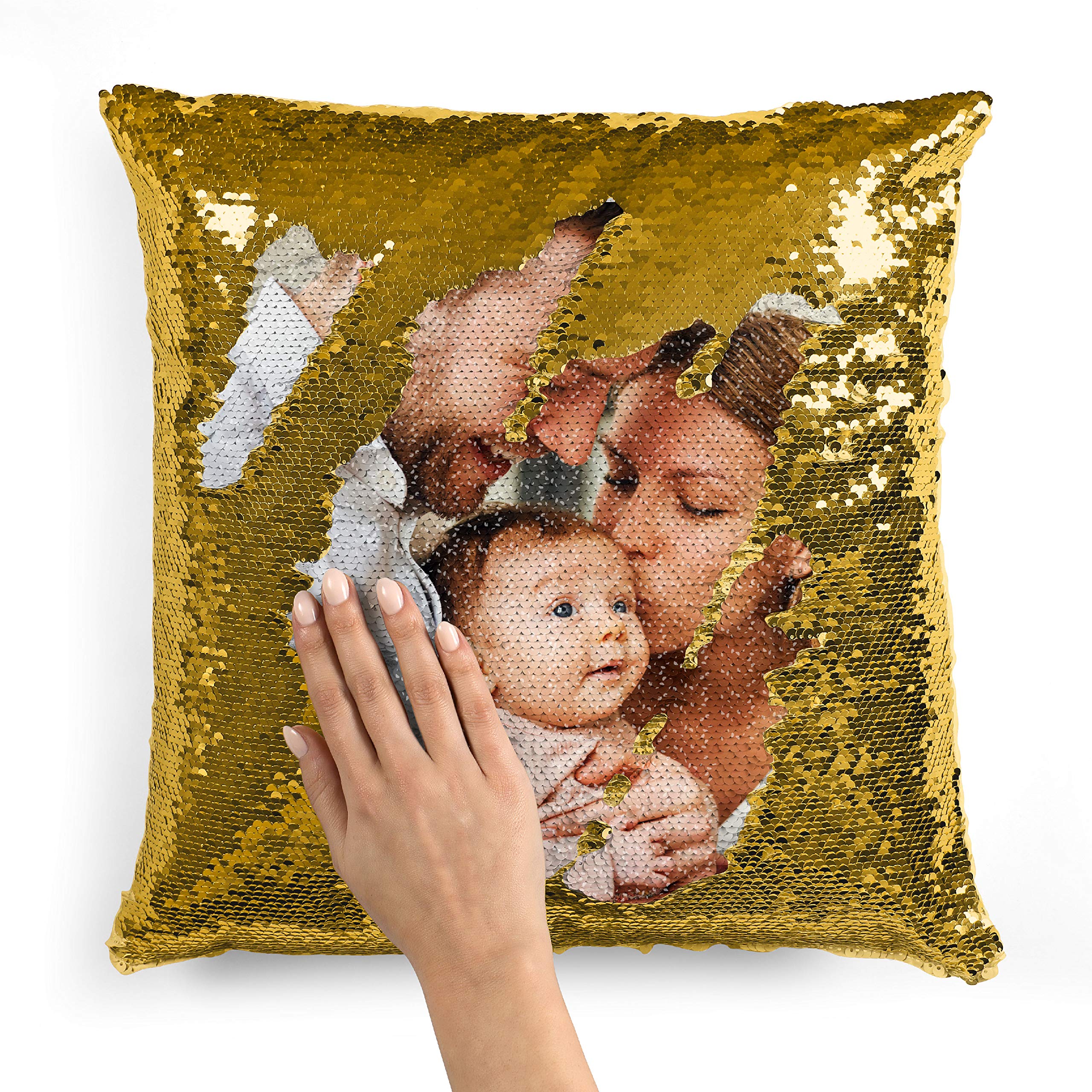 Custom Photo Sequin Pillow Cases | Gold Mermaid Cover W Any Picture | Magic Reversible Throw Pillowcase Decorative Cushion, Gift