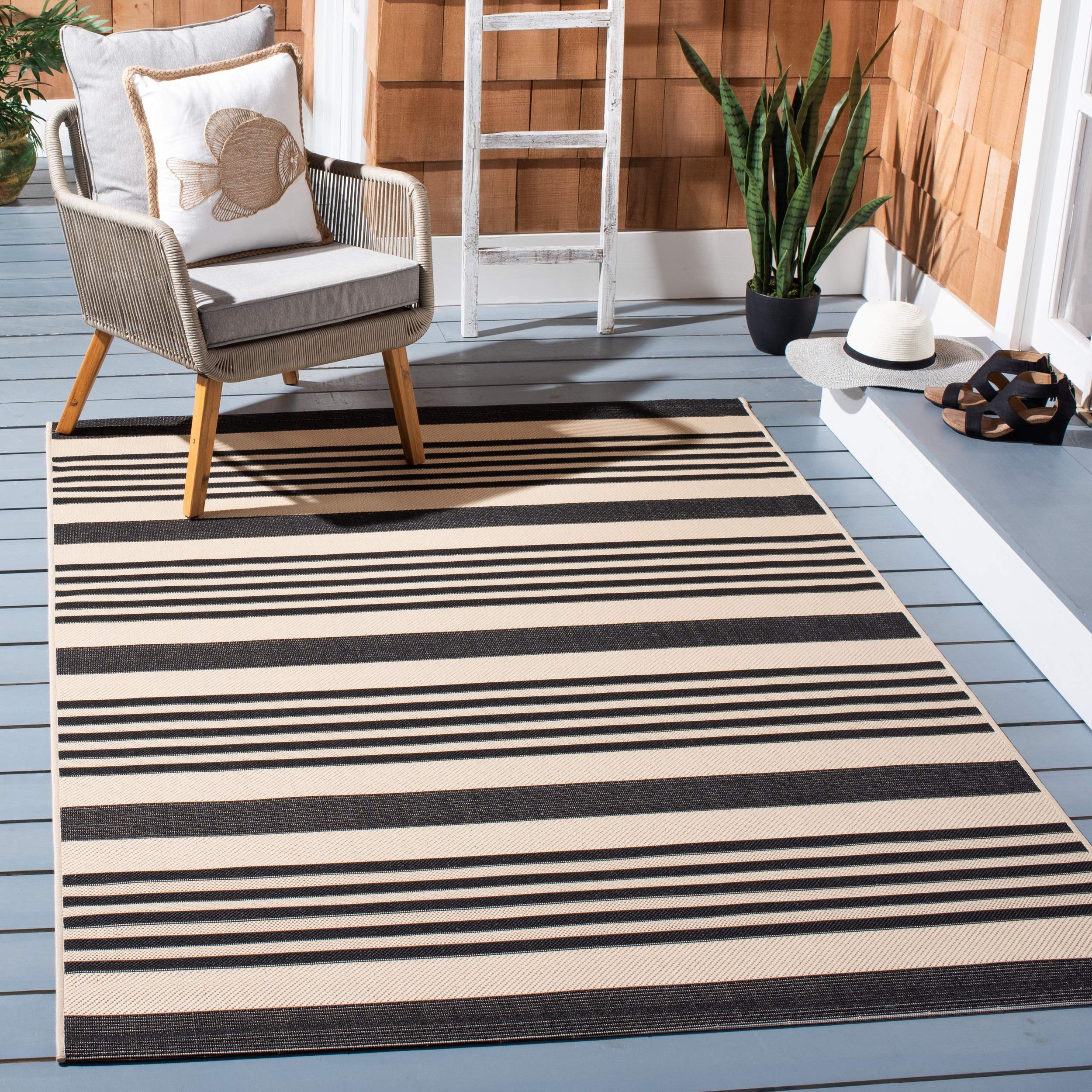 SAFAVIEH Courtyard Collection Area Rug - 9' x 12', Black & Bone, Stripe Design, Non-Shedding & Easy Care, Indoor/Outdoor & Washa