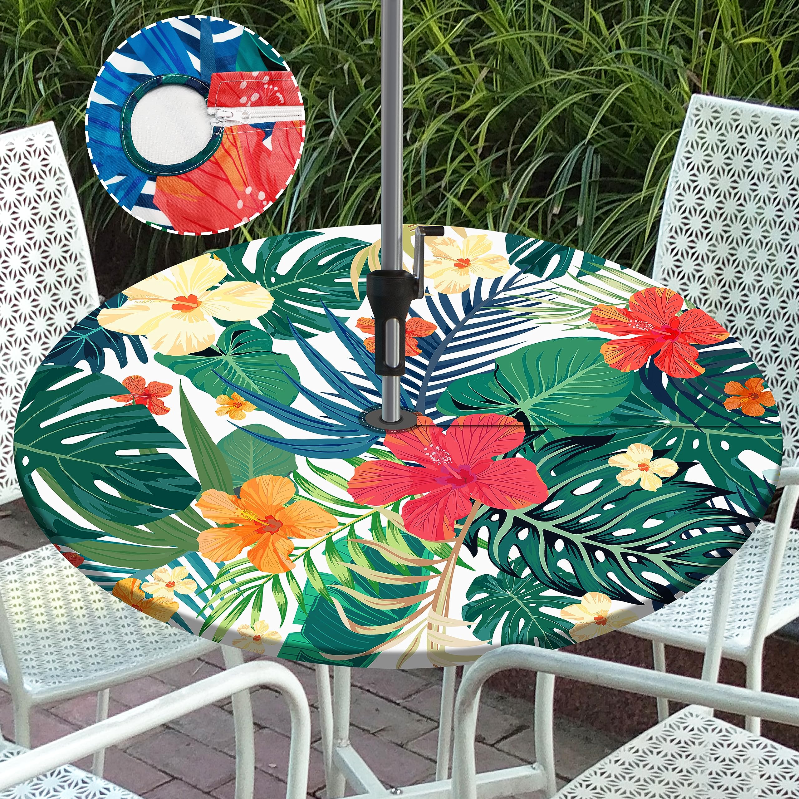 Btrlexp Palm Leaves Round Outdoor Tablecloth With Umbrella Hole Zipper Elastic Outdoor Table Cover Vibrant Umbrella Table Cloths