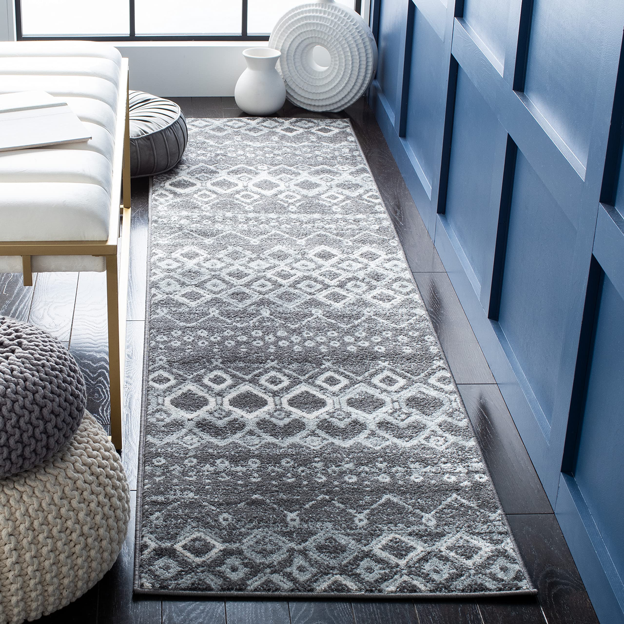 SAFAVIEH Amsterdam Collection Runner Rug - 23 x 12, Dark Grey & Light Grey, Moroccan Boho Design, Non-Shedding & Easy Care, Id