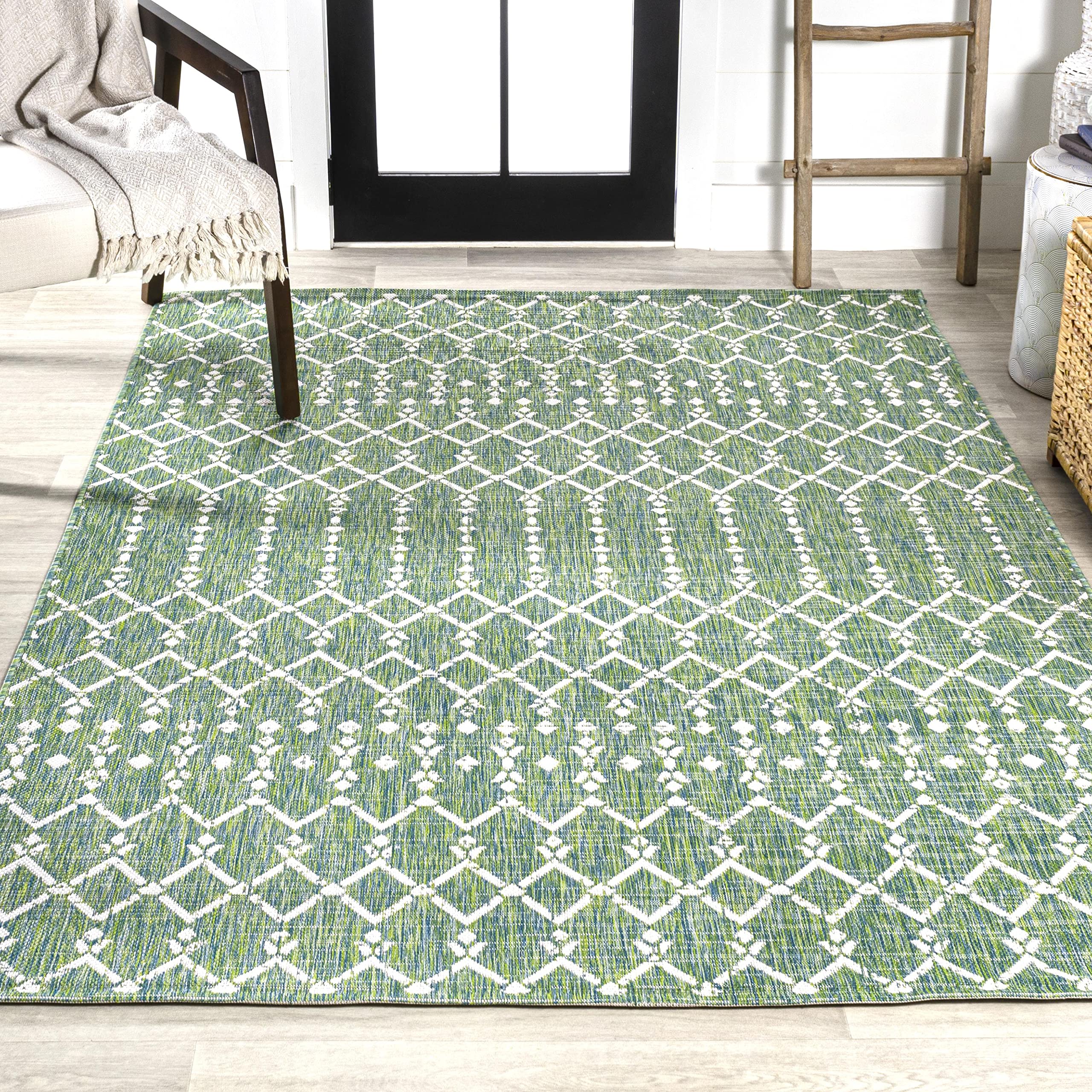 Jonathan Y Smb108L-8 Ourika Moroccan Geometric Textured Weave Indoor Outdoor Area-Rug, Bohemian Rustic Scandinavian Easy-Cleaning,Bedroom,Kitchen,Backyard,Patio,Non Shedding, 8 X 10, Green/Cream