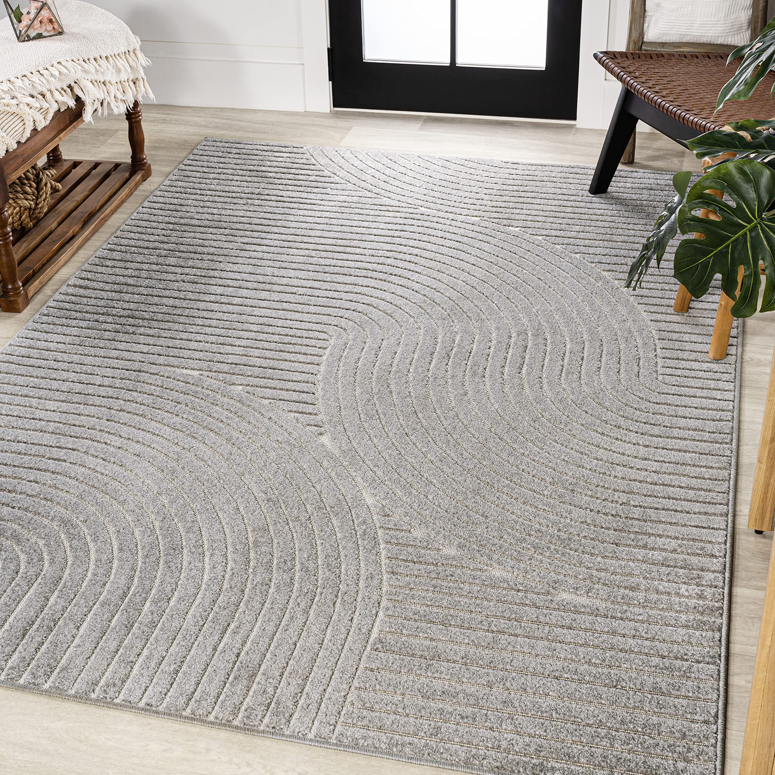 Jonathan Y Scn100A-18 Hallie High-Low Minimalist Curve Geometric Gray/Ivory 12 Ft. X 18 Ft. Indoor/Outdoor Area Rug, Pet Friendl