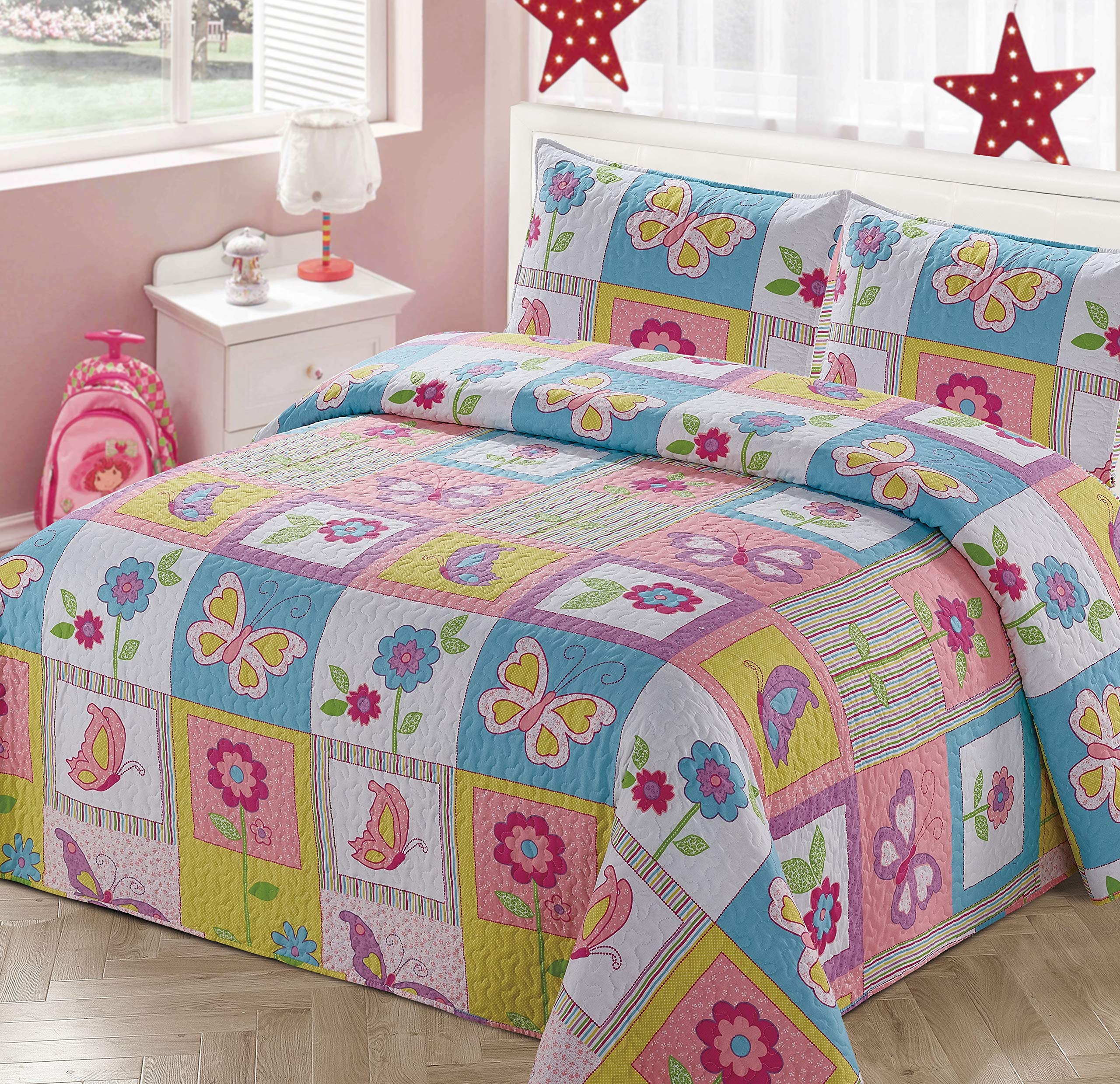 Kids Zone Home Linen Bedspread Coverlet Quilt Set For Girls Patchwork Butterfly Flowers White Purple Blue Green Pink (Twin)