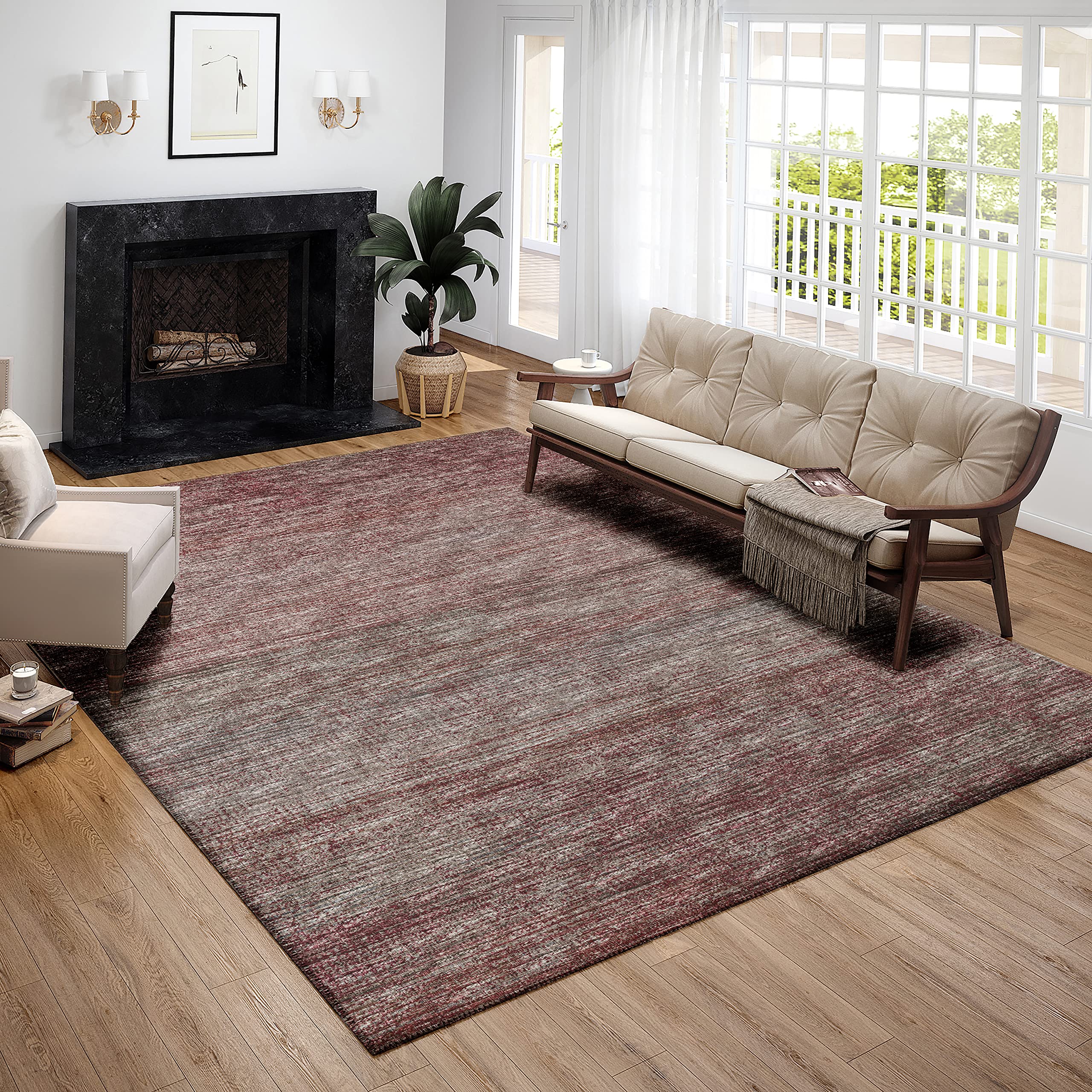Addison Rugs Marston 3' X 5' Transitional Burgundy Indoor Outdoor Area Rug, Stain Resistant, Machine Washable, Non Shedding, Bedroom, Living Room, Dining Room, Kitchen Rug