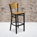 2 Pk. Black Slat Back Metal Restaurant Barstool - Natural Wood Back & Seat
