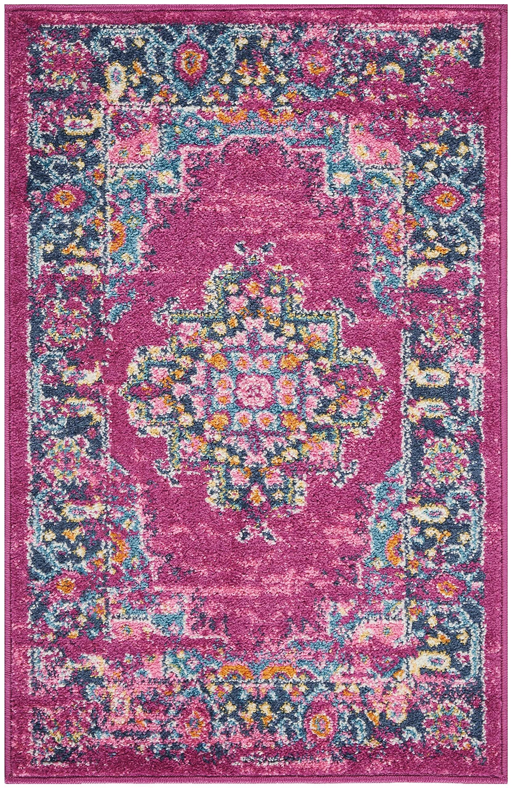 HomeRoots 100% Polypropylene 2’ x 3’ Fuchsia and Blue Distressed Scatter Rug