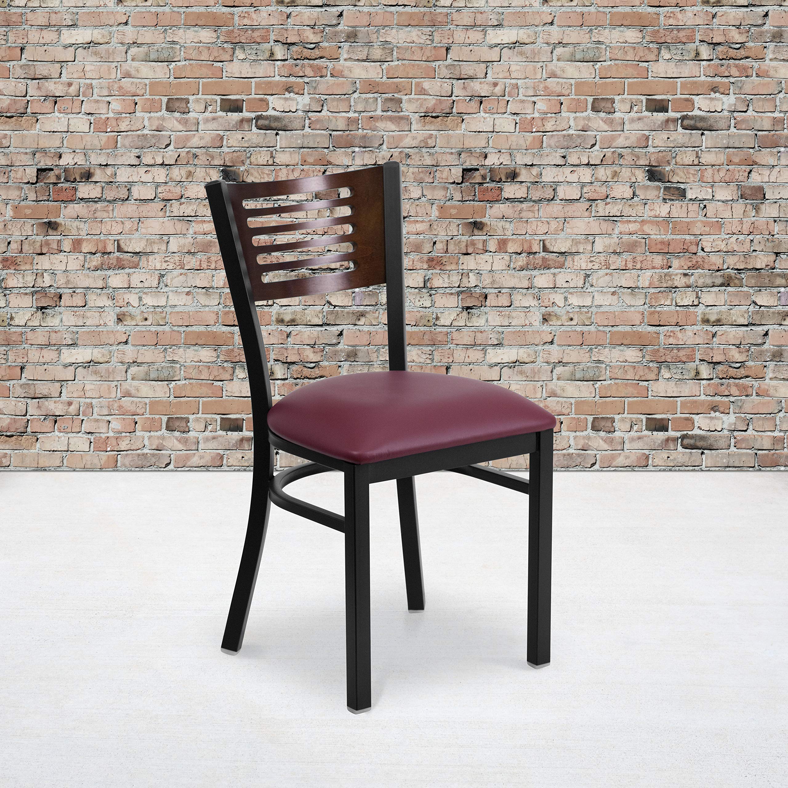2 Pk. Slat Back Metal Chair - Walnut Wood Back, Burgundy Vinyl Seat