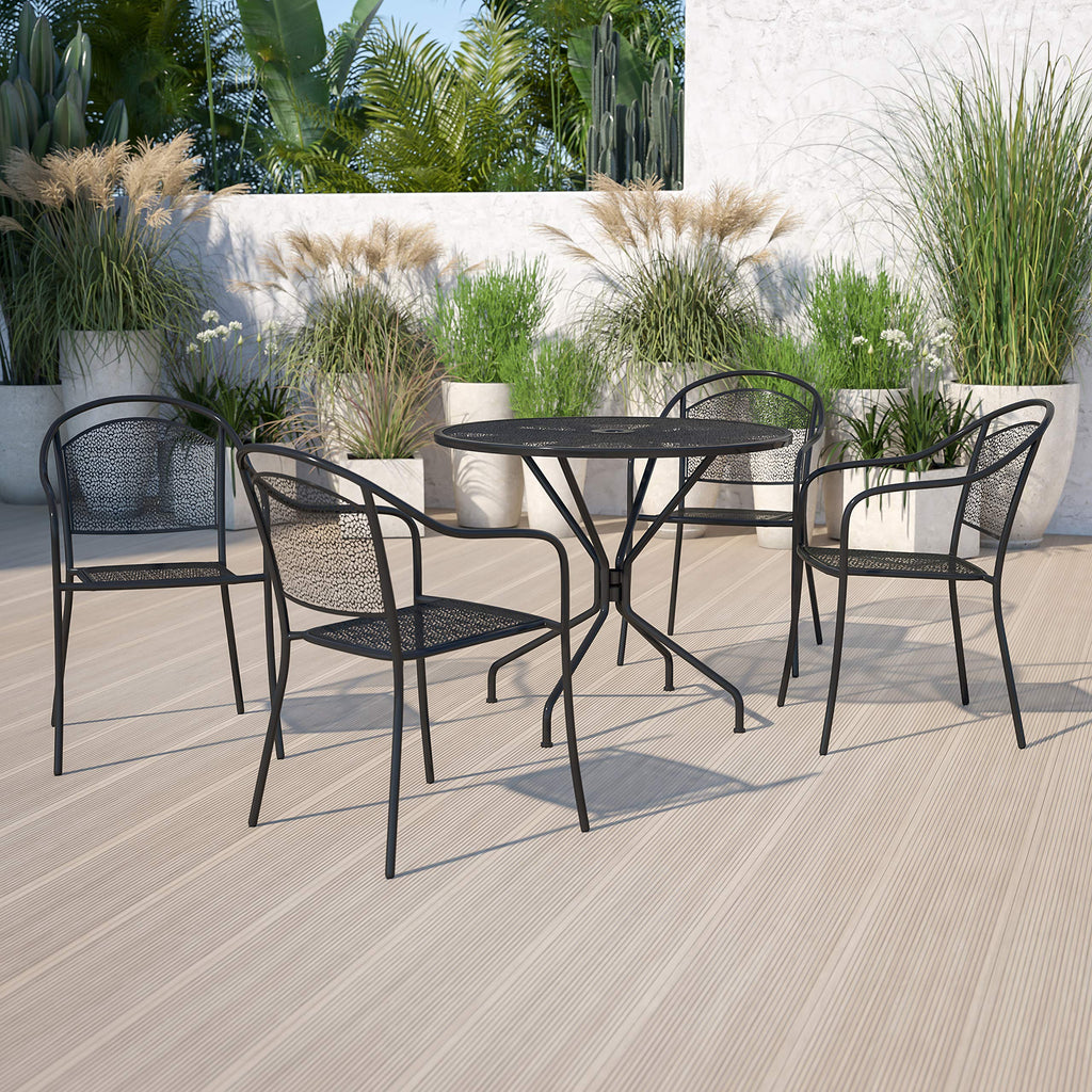 Flash Furniture Oia Commercial Grade 35.25" Round Black Indoor-Outdoor Steel Patio Table Set With 4 Round Back Chairs